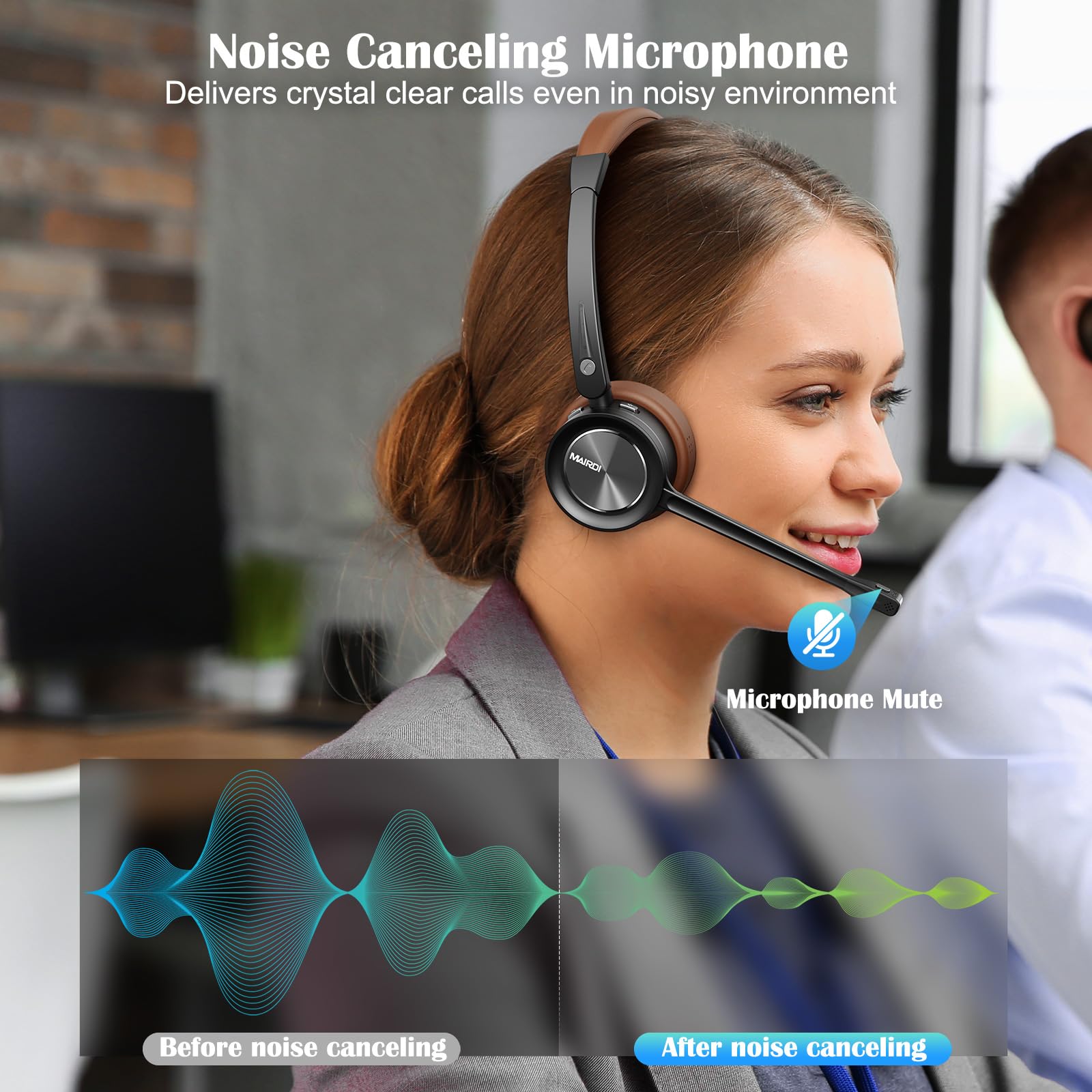 MAIRDI Wireless Bluetooth Headset with Noise Cancelling Microphone - Dual Connectivity 5.1 Multipoint Headphones for Truckers, Office Work, PC, Cell Phone - Perfect for Teams Calls, Home Office & Long-Distance Driving
