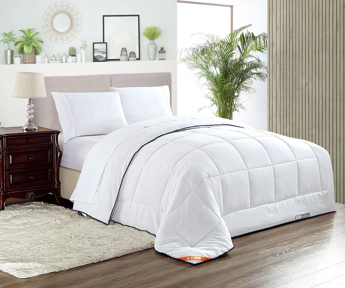 Premium SGI Super King Comforter - 300 GSM Plush Siliconized Microfiber Fill with 1000 Thread Count Egyptian Cotton Shell | Ultra Soft & Fluffy Duvet Insert with Luxury Piping & Matching Pillowcases | Perfect for Master Bedroom, Guest Room & Luxury Hotels (White)