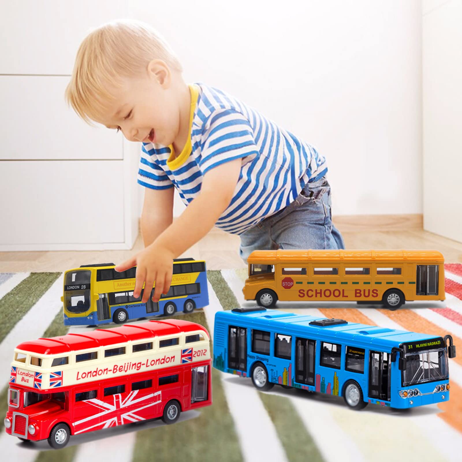 OTONOPI Pull Back School Bus Toy Set - 4 Pack Double Decker London City Tour Vehicles, Die Cast Metal Friction Powered Toy Cars for Kids | Perfect for Pretend Play, Travel Adventures & Collectible Display