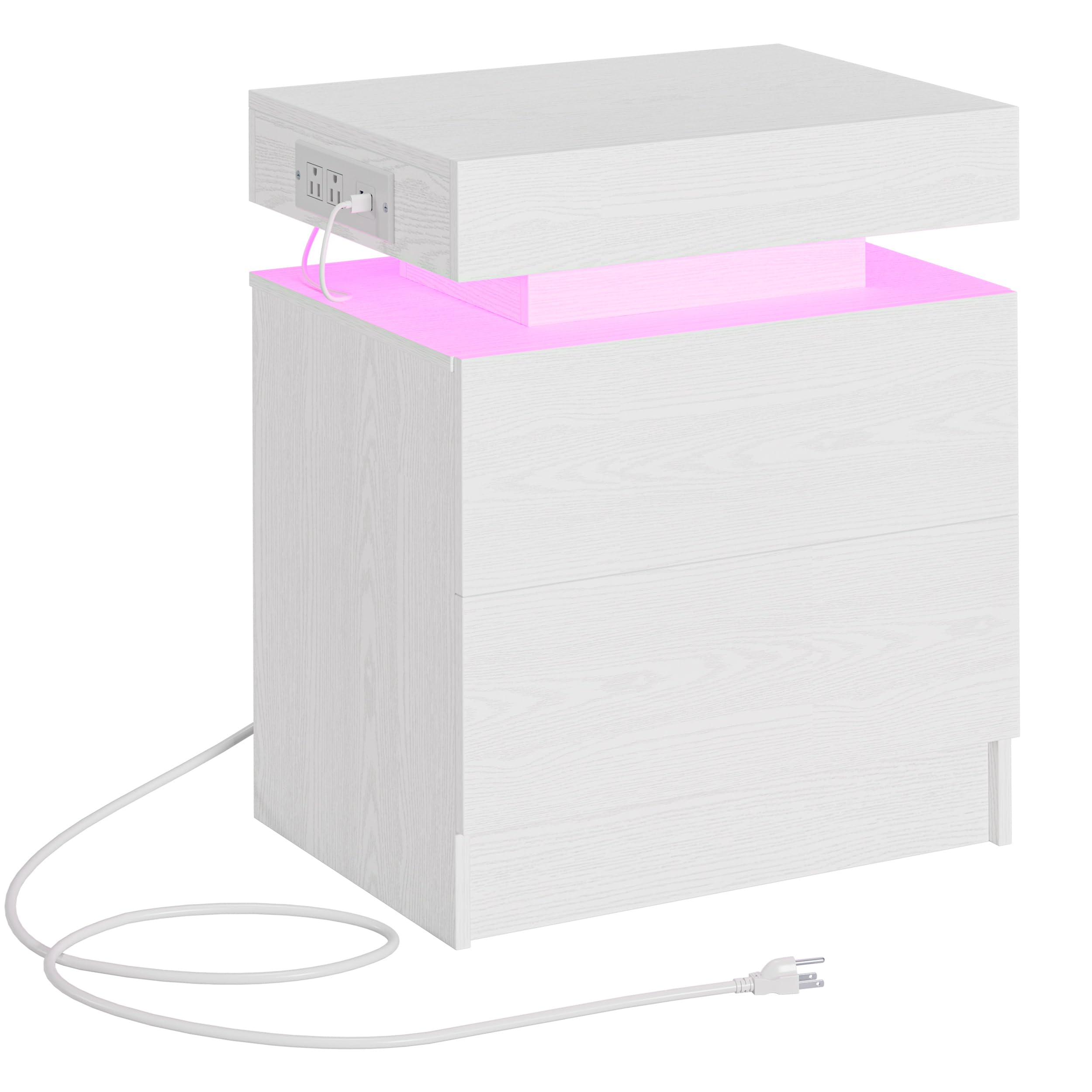 Modern White Nightstand with LED Light & USB Charging Station - 3 Drawers Bedside Table for Bedroom, Living Room | Compact End Table with Soft Glow Lighting for Phones, Books & Bedroom Essentials