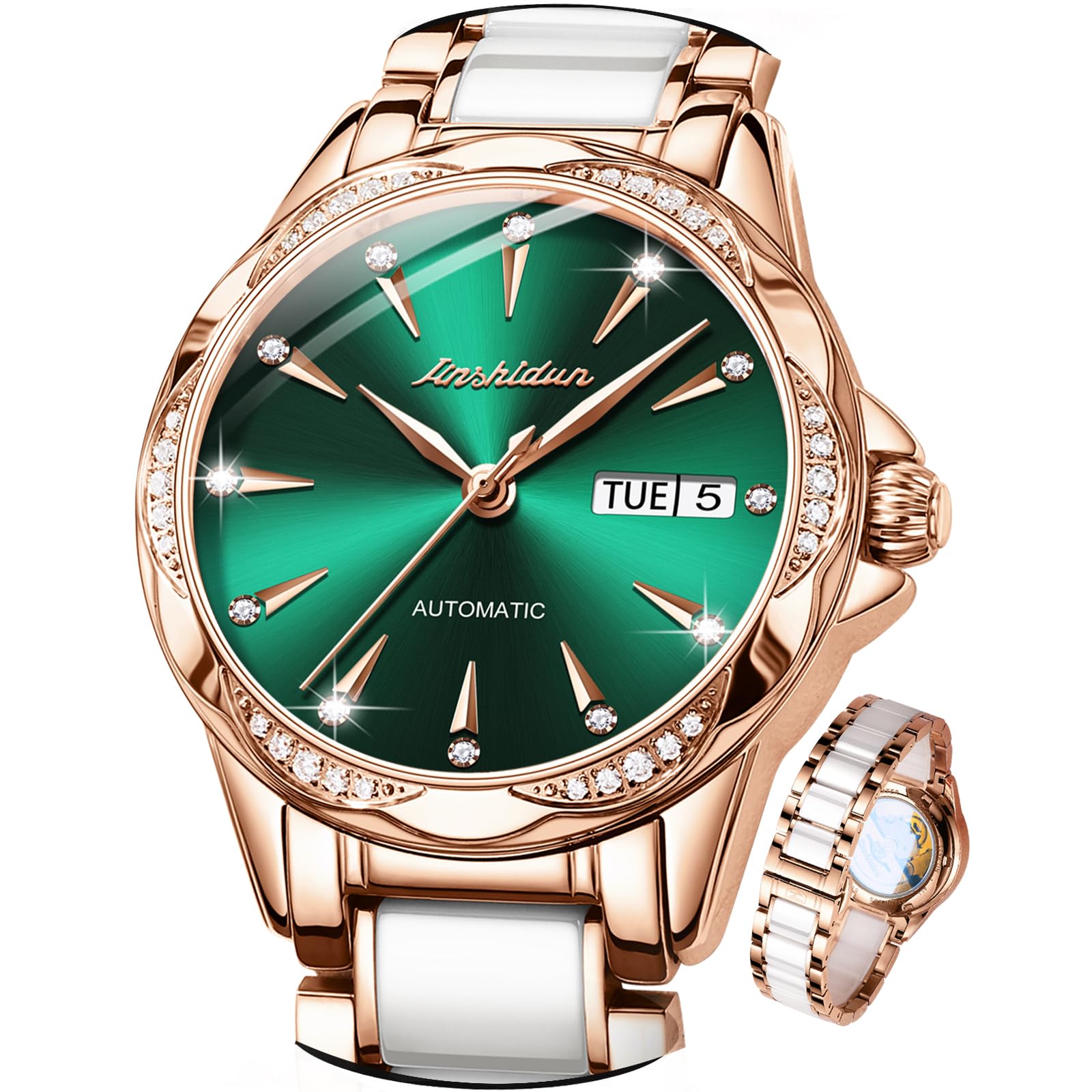 **Elegant Automatic Green Stainless Steel Women's Watch with Ceramic Bracelet – Self-Winding Mechanical Watch with Day/Date Display, Waterproof & Diamond Accents – Perfect for Office, Party & Everyday Wear**