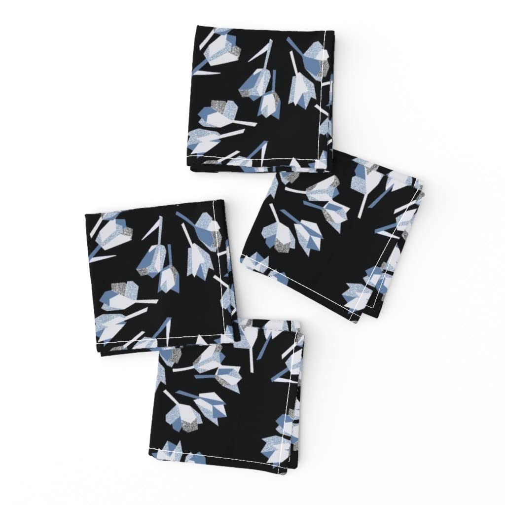 Art Deco Japanese Retro Floral Tulips Abstract Modern Cocktail Napkins - Set of 4 Linen Cotton Canvas Napkins in Gray Blue Dark Navy Print - Perfect for Dinner Parties, Cocktail Hours & Home Decor