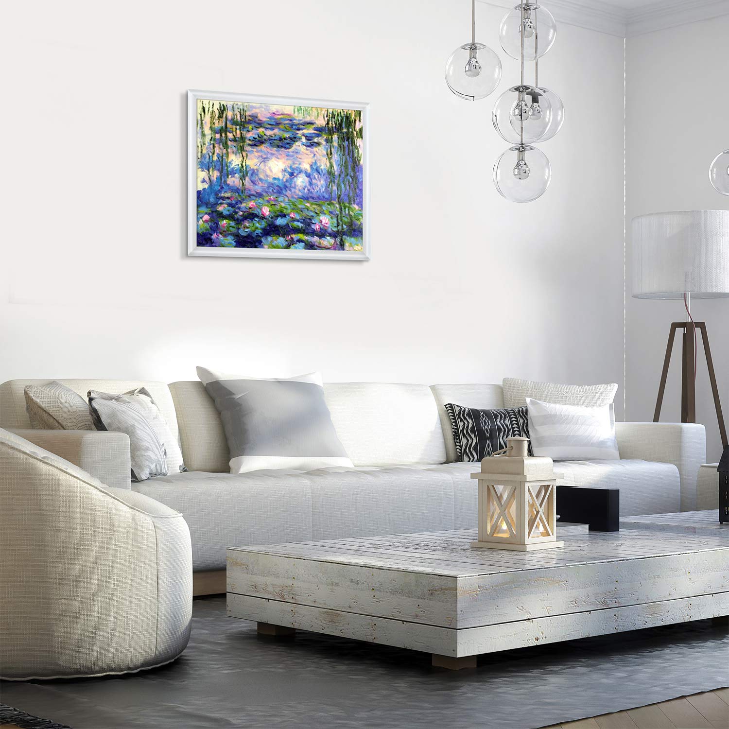 Hand Painted Oil Painting Reproduction - Monet Water Lilies & Willow Vines in Moderne Blanc Frame 26.75x22.75 Inch - Classic Home & Office Wall Decor for Living Room, Bedroom or Gallery Display