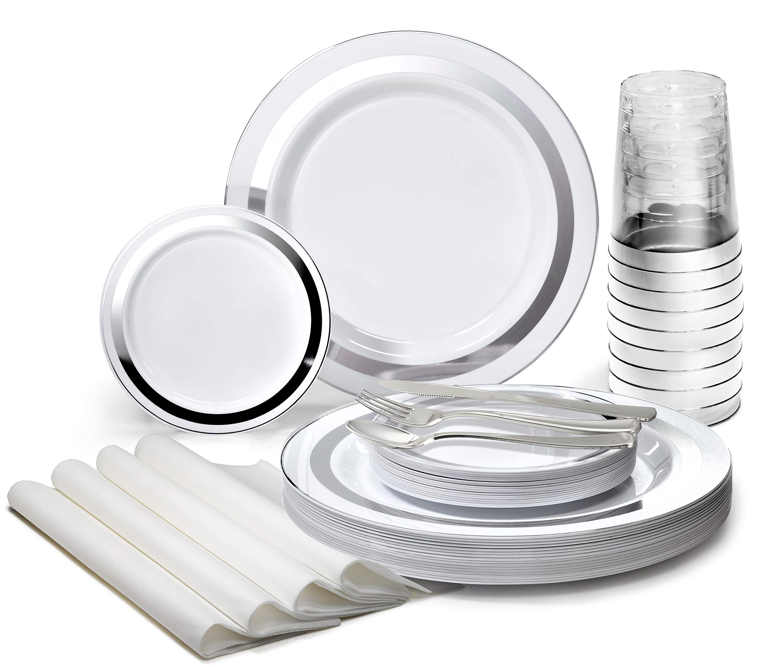 560-Piece Heavyweight Disposable Plastic Plate Set for Weddings & Parties - 80 x 10.5'' Dinner Plates + 80 x 6.25'' Dessert Plates + Silverware + Cups + Napkins (Elegant Soleil White & Silver) - Perfect for Large Gatherings, Bridal Showers & Catering Events