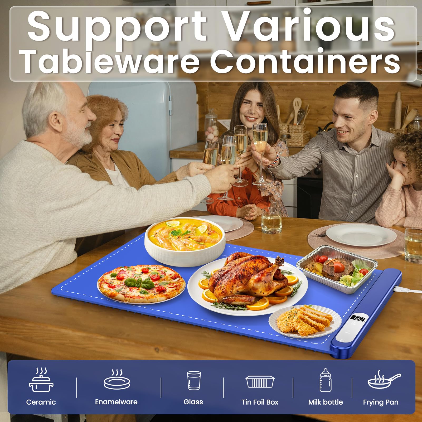 Electric Warming Tray with 6H Timer - Full Surface Heating Food Warmer, 6 Temperature Settings Portable Warming Mat for Buffet, Parties, Office & Home Use - Silicone Heating Mat for Keeping Meals Warm at Dinner Parties, Holiday Gatherings & Everyday Dining