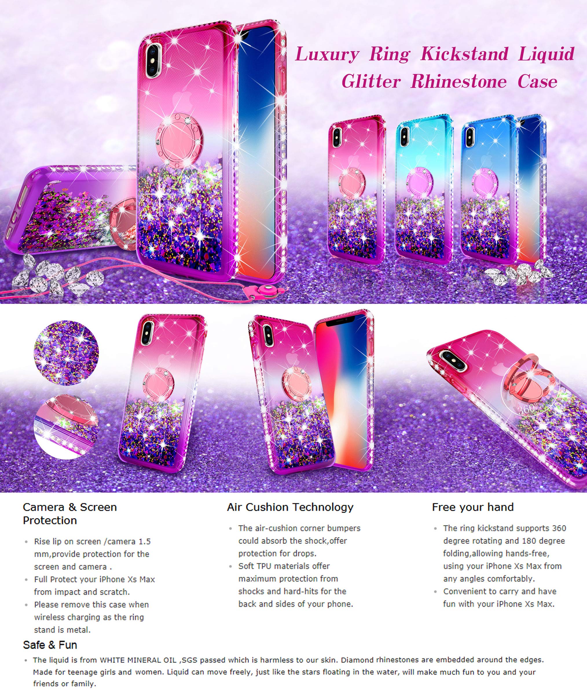 Cute Shockproof Liquid Glitter Phone Case with Ring Kickstand for iPhone 7 Plus/8 Plus - Hot Pink & Purple | Trendy Protective Case for Women & Girls | Perfect for Everyday Use, Parties & Travel