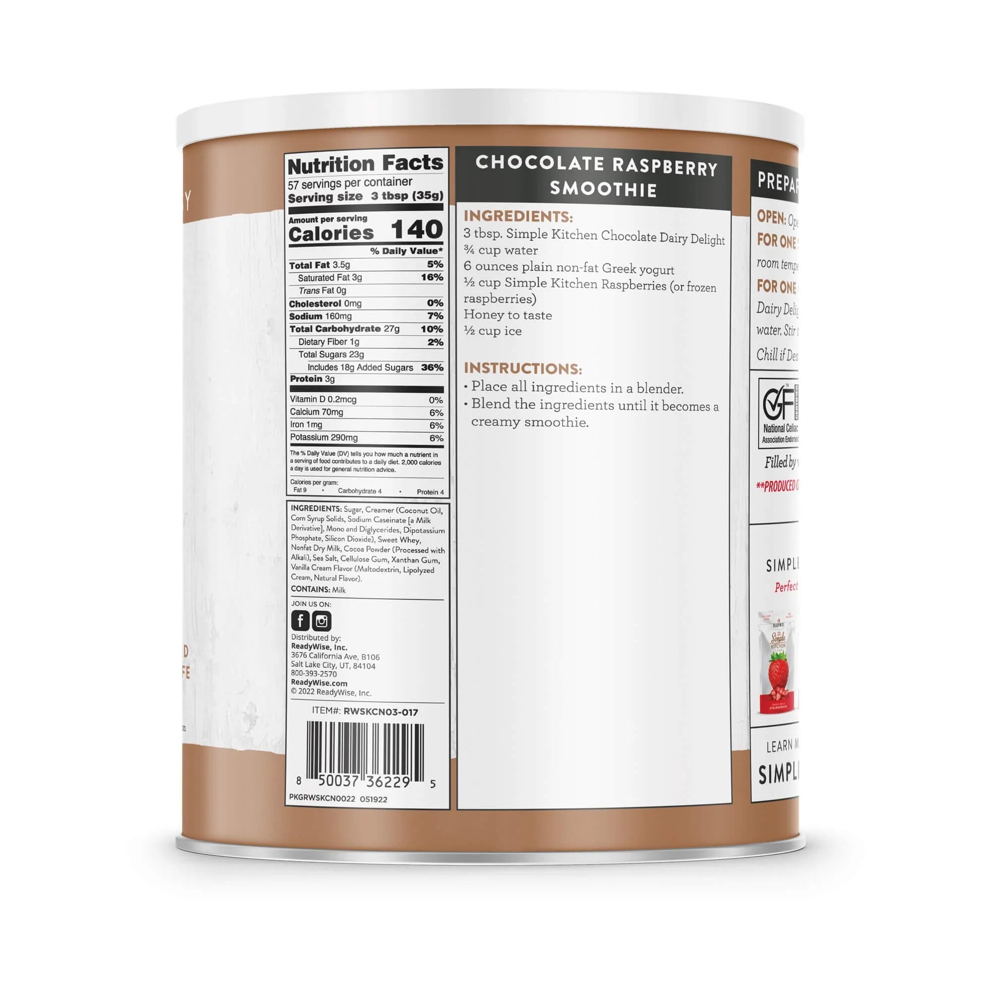 ReadyWise Simple Kitchen Chocolate Dairy Delight 57 Serving Can - Emergency Food Supply, Camping & Survival Essentials, Long Shelf Life Snacks for Outdoor Adventures