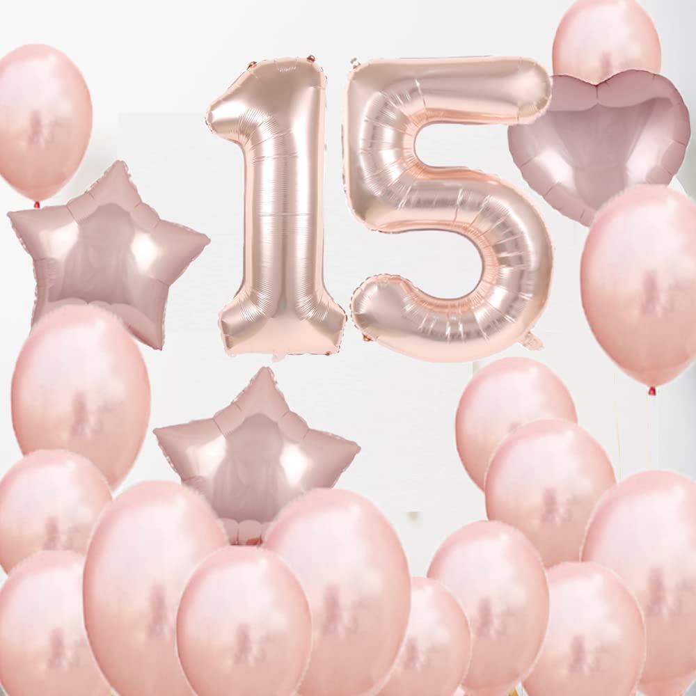 Rose Gold 15th Birthday Party Decorations - Number 15 Foil Mylar Balloons & Latex Balloons Set for Sweet 15 Celebration | Perfect for Girls, Women & Men Birthday Decor | Great for Quinceañera, Milestone Parties & Photo Backdrops