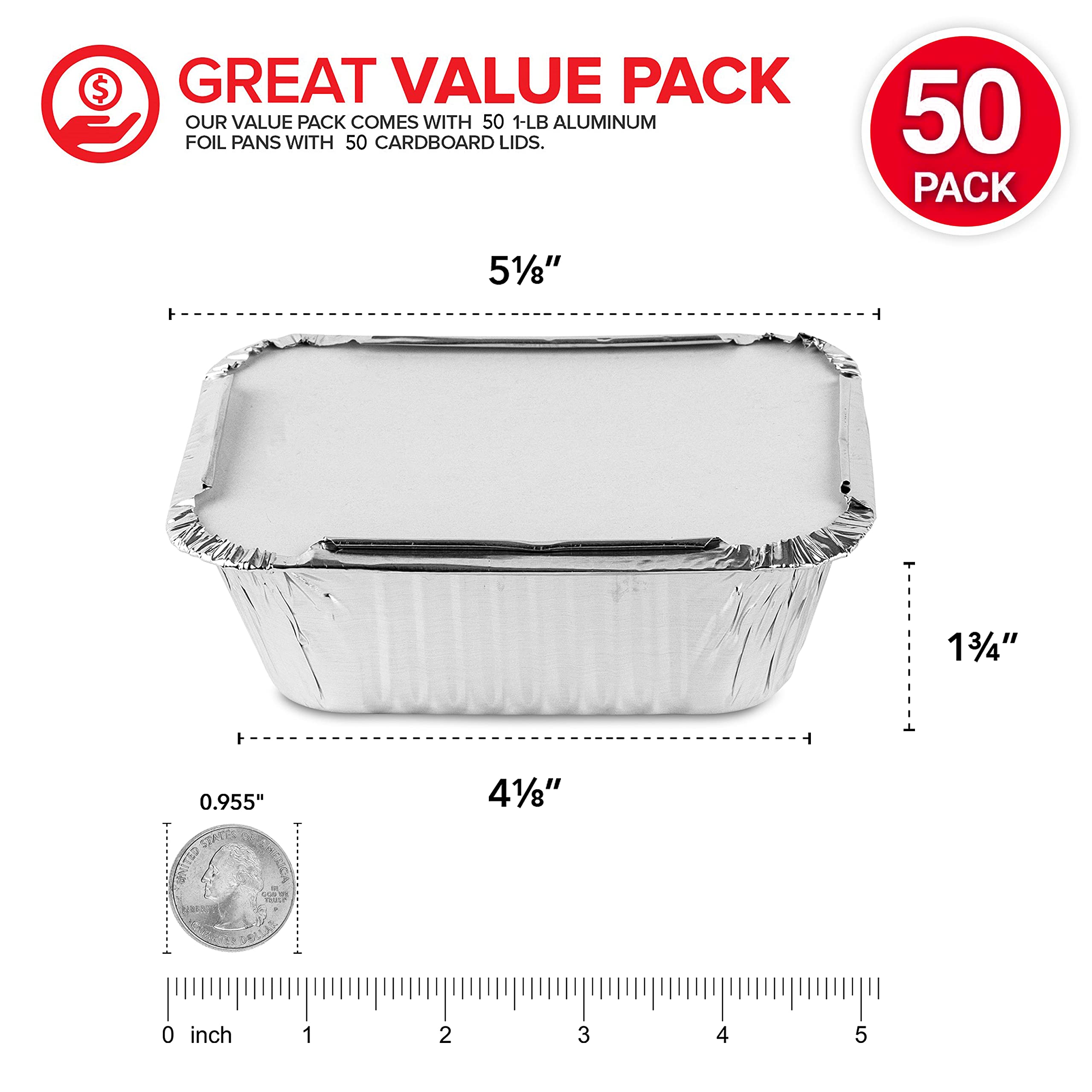 50-Pack Small Aluminum Takeout Containers with Cardboard Lids - 1 lb Disposable Oblong Foil Pans for Cooking, Baking, Meal Prep & Food Storage - Perfect for Parties, Picnics & Leftovers