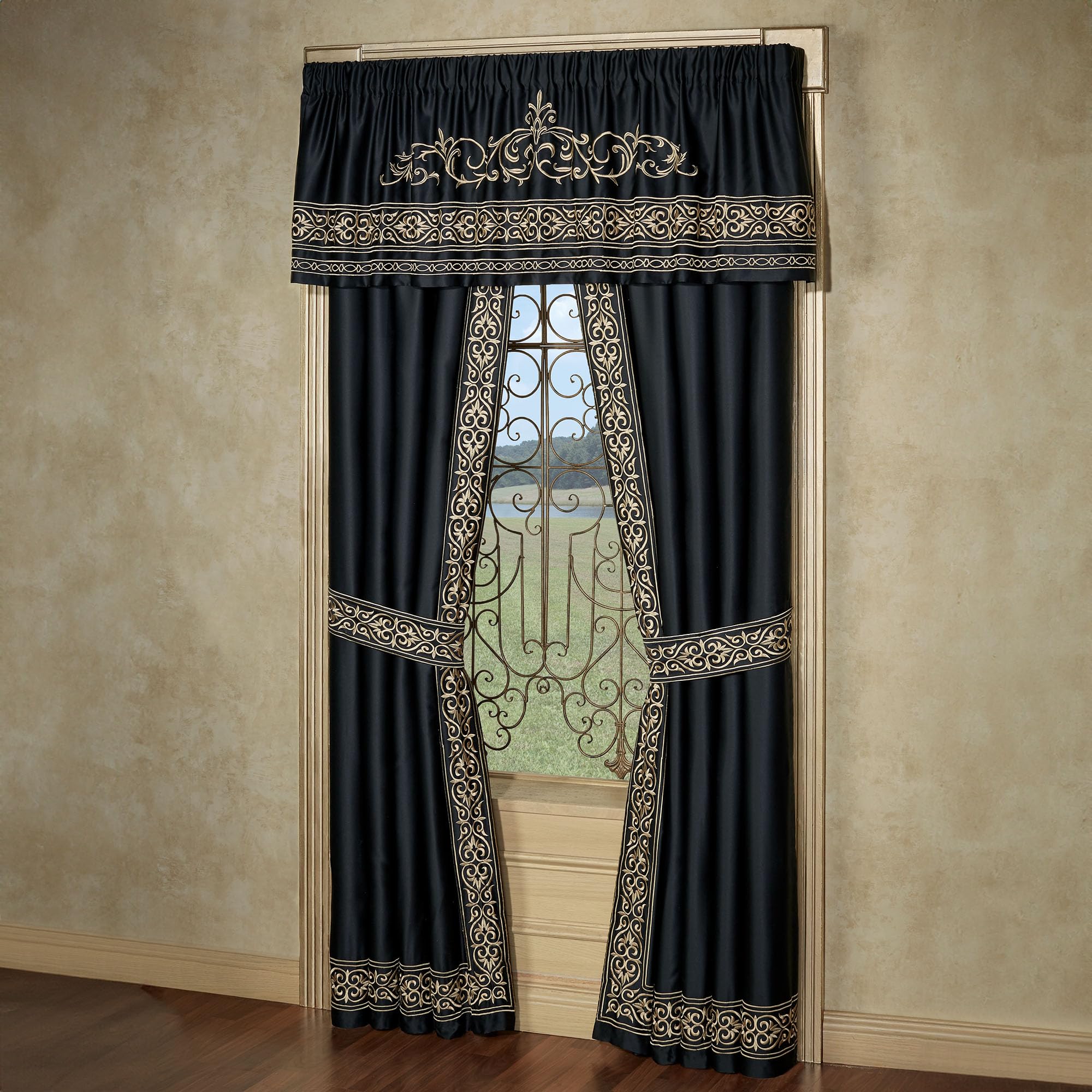 Luxury Kensington Window Curtain Set - Classic Black with Gold Scrollwork Embroidery | Palace-Inspired Drapery with Valance & 84