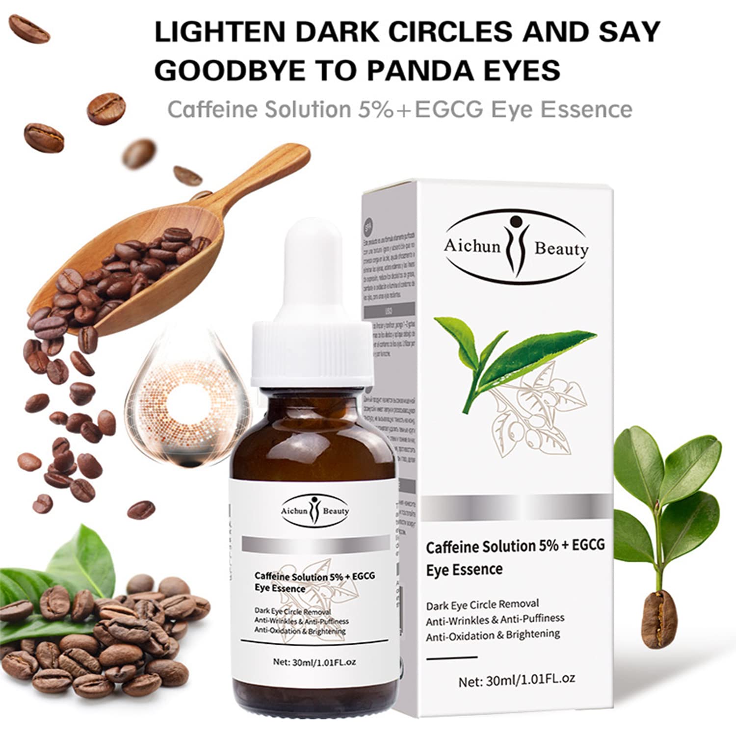 AICHUN BEAUTY 5% Caffeine + EGCG Eye Serum - Anti-Wrinkle, Anti-Acne, Oil Control, Brightening & Pore Minimizing Treatment (30ml/1.01FL.oz) - Dark Circle Relief & Morning Eye Refresh for Tired Skin