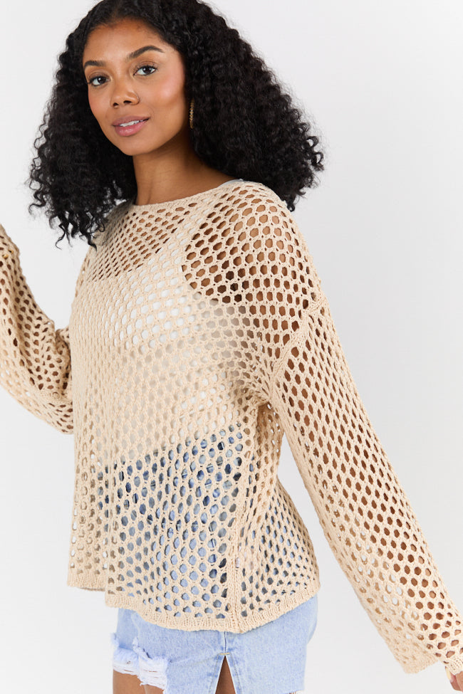 Let It Go Tan Open Knit Sweater Women's Lightweight Cardigan - Perfect for Fall Layering & Casual Outfits