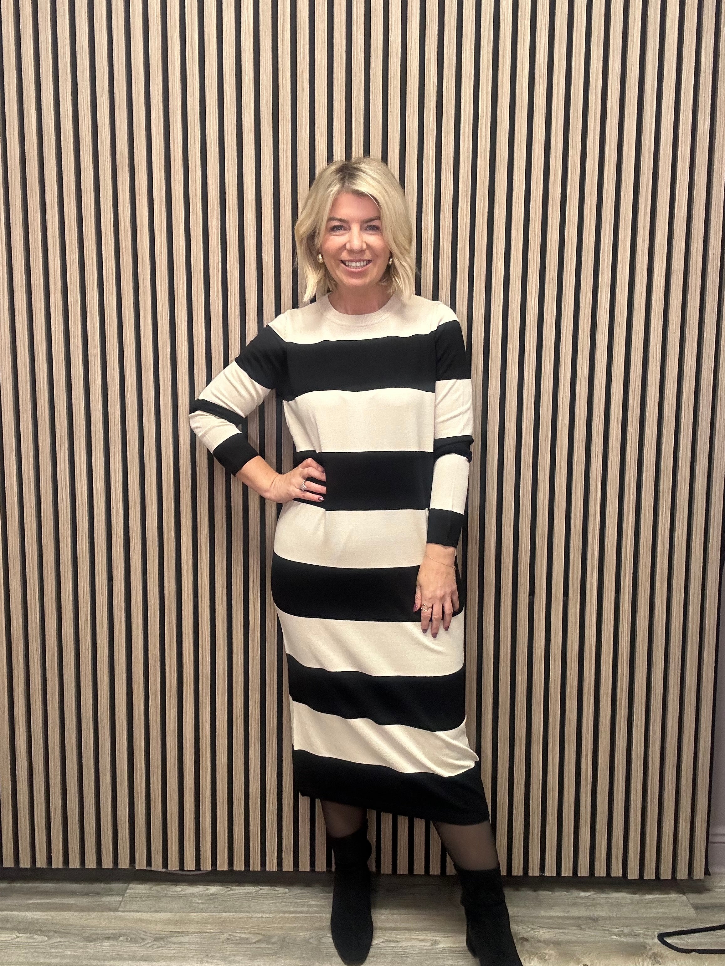 Amanda Knit Dress for Women - Soft & Comfortable Birch/Black Sweater Dress - Perfect for Casual Wear, Office, and Date Nights