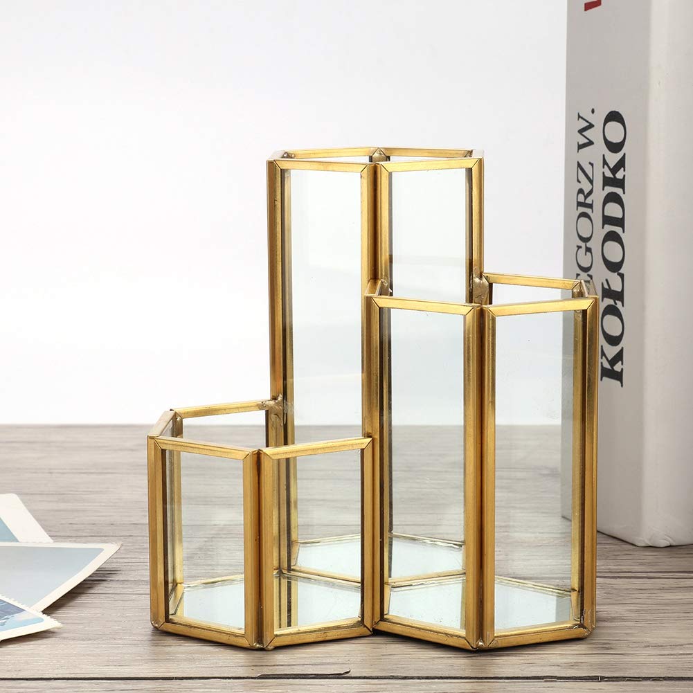 4.72in Clear Glass Pen Holder with 3 Compartments - Copper Plated Metal Inlay Pencil Organizer & Makeup Brush Holder - Vanity Desk Organizer for Storing Makeup Brushes, Pens, Mascara, Lipstick (Gold) - Perfect for Office, Home Desk & Beauty Vanity Organization