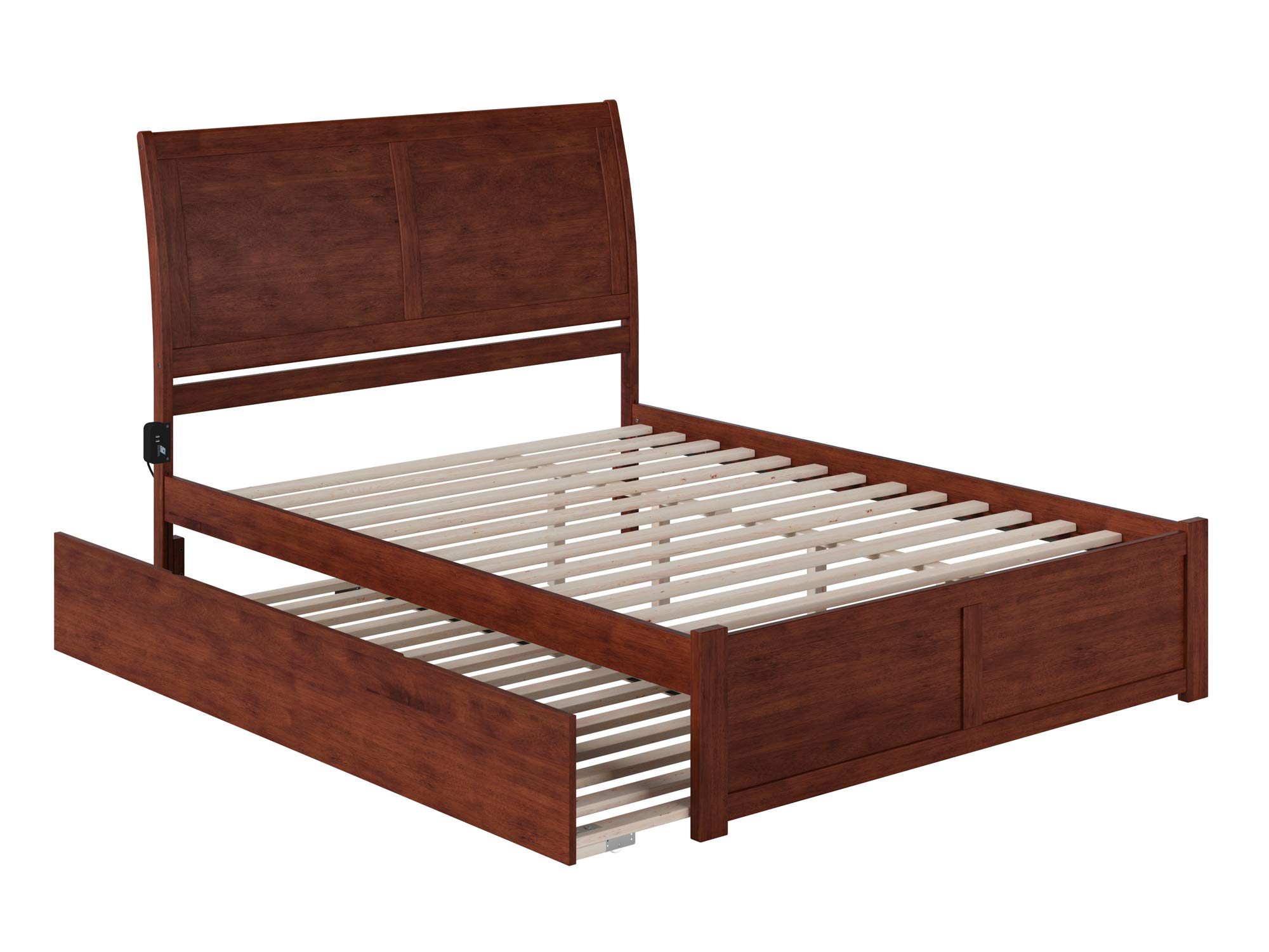 AFI Portland Queen Size Platform Bed with Footboard & Twin XL Trundle in Walnut - Modern Wooden Bed Frame with Storage Drawer for Small Space Bedroom, Guest Room & Kids Room