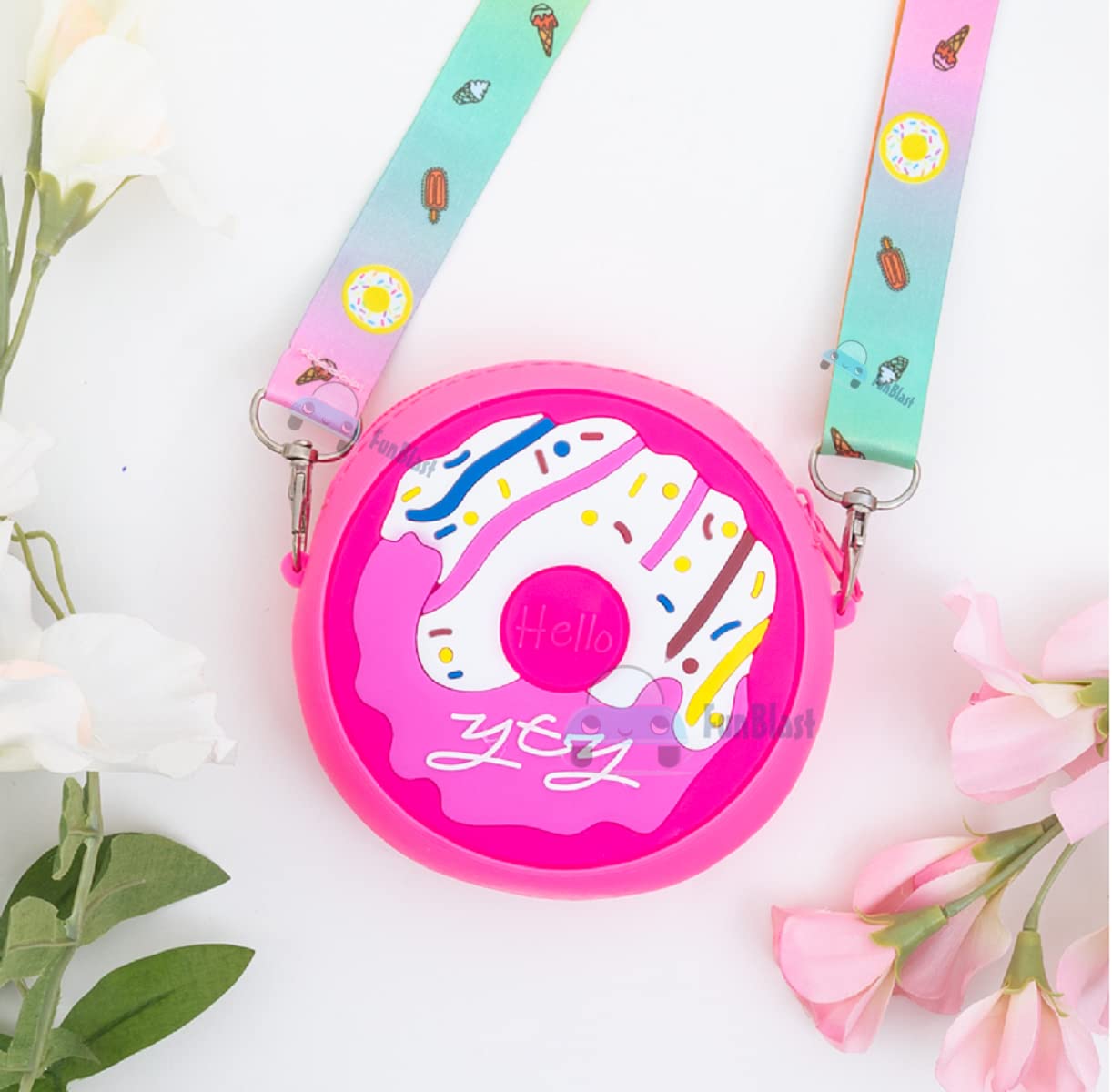 FunBlast Donut Shape Sling Bag for Kids - Adjustable Crossbody Purse for Girls, Cute Unisex Shoulder Bag (Pack of 1, Random Color) - Perfect for School, Travel & Everyday Use