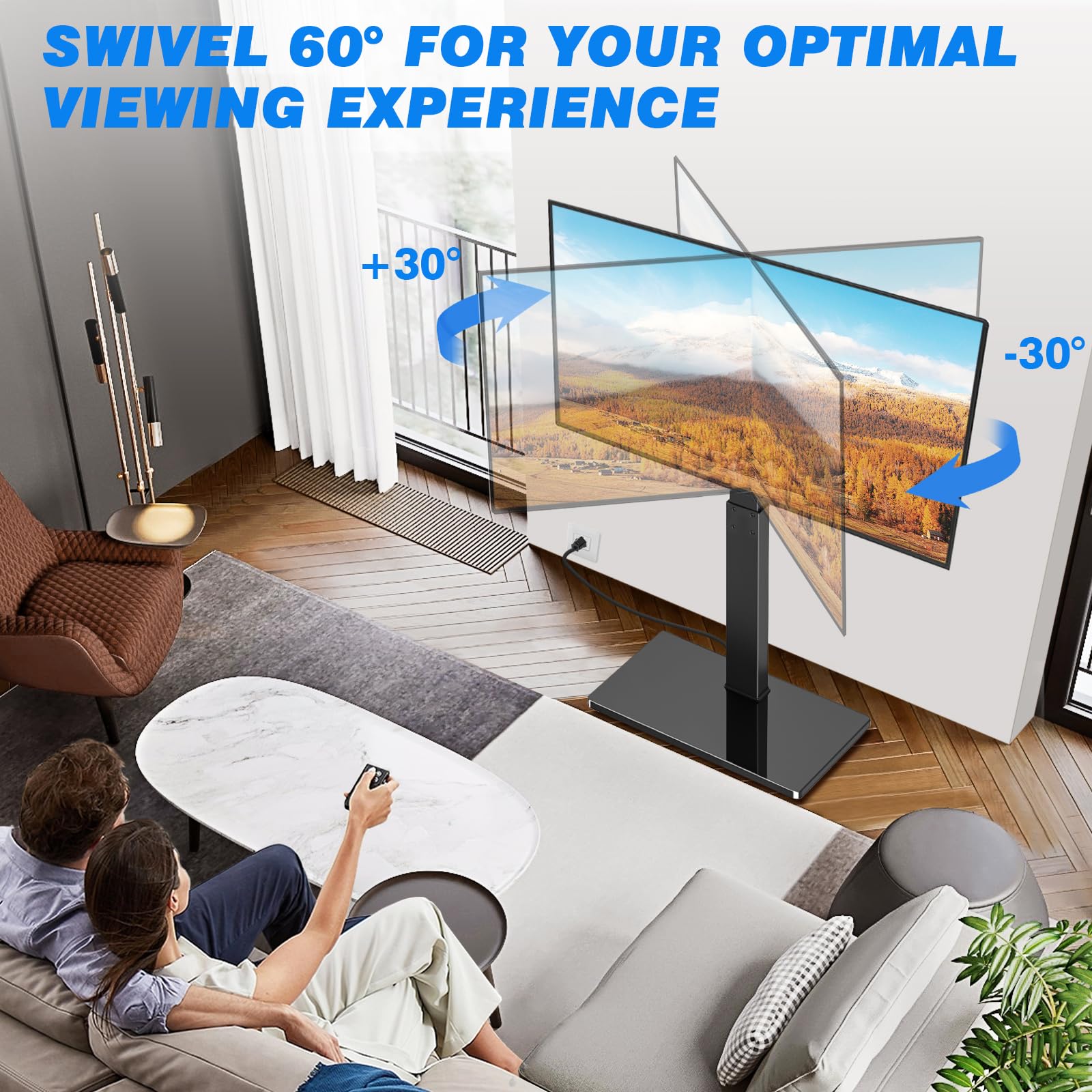 Rfiver Reinforced Floor TV Stand with Power Outlet & Mount for 32-70 Inch TVs (Up to 110 lbs) - Height Adjustable Swivel TV Stand with Space Saving Design - Perfect for Bedroom, Living Room, Dorm, or Office Entertainment Setup