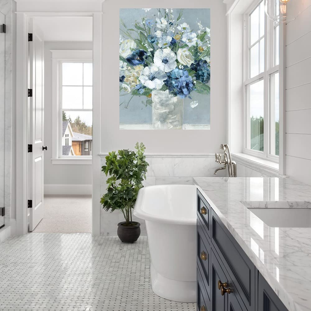 Be Happy Blue Crop Canvas Wall Art by Sally Swatland - Modern Fine Art Painting for Living Room, Bedroom, Office Decor - Ready to Hang 32x43 Inch - Perfect for Home, Kitchen, Bathroom & Dining Room Wall Decor