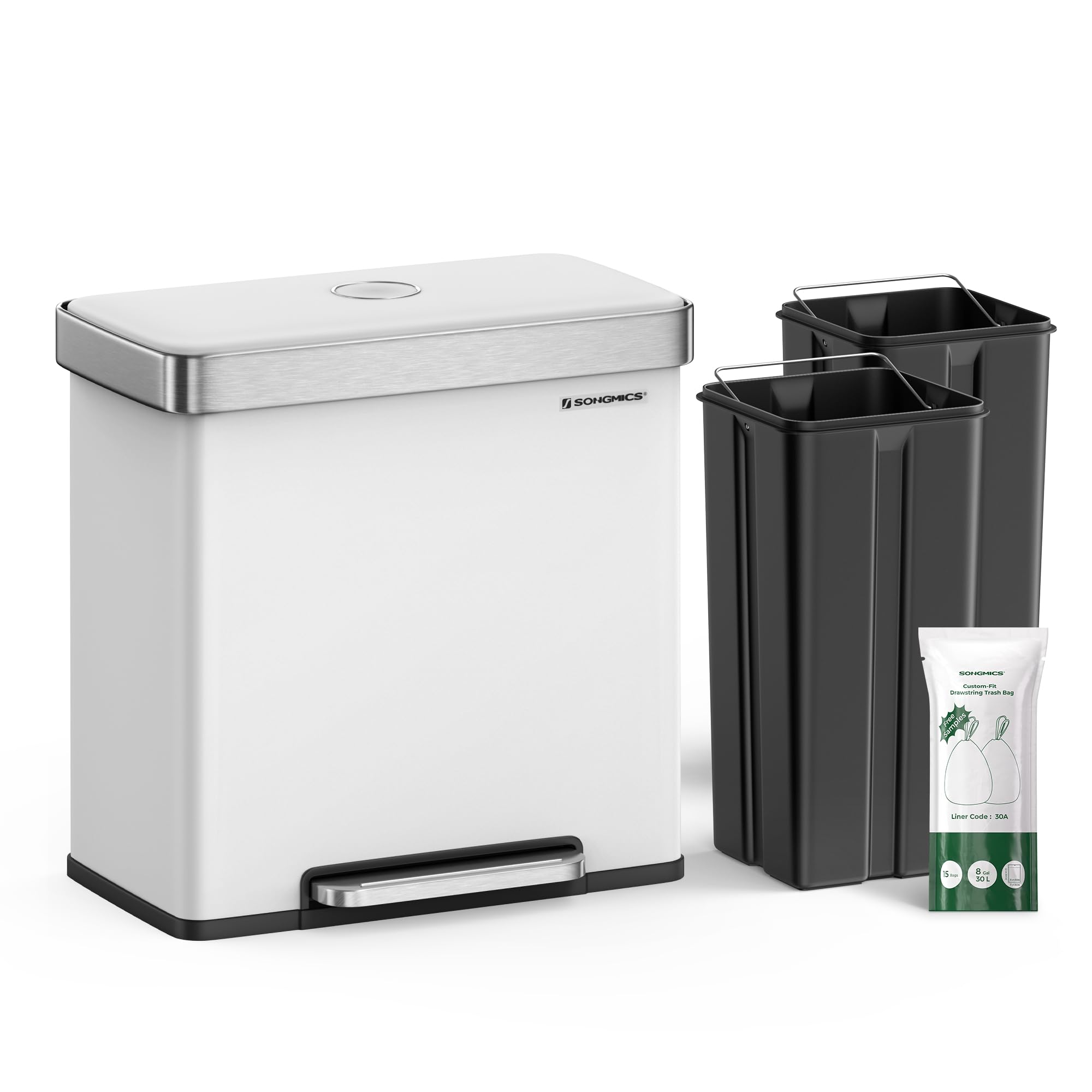 SONGMICS 16 Gallon Dual Compartment Stainless Steel Trash Can with Pedal - 60L Recycling Bin with Stay-Open Lid & Soft Closure - Includes 15 Trash Bags - White (ULTB202W01) - Perfect for Kitchen, Office, or Home Waste Management