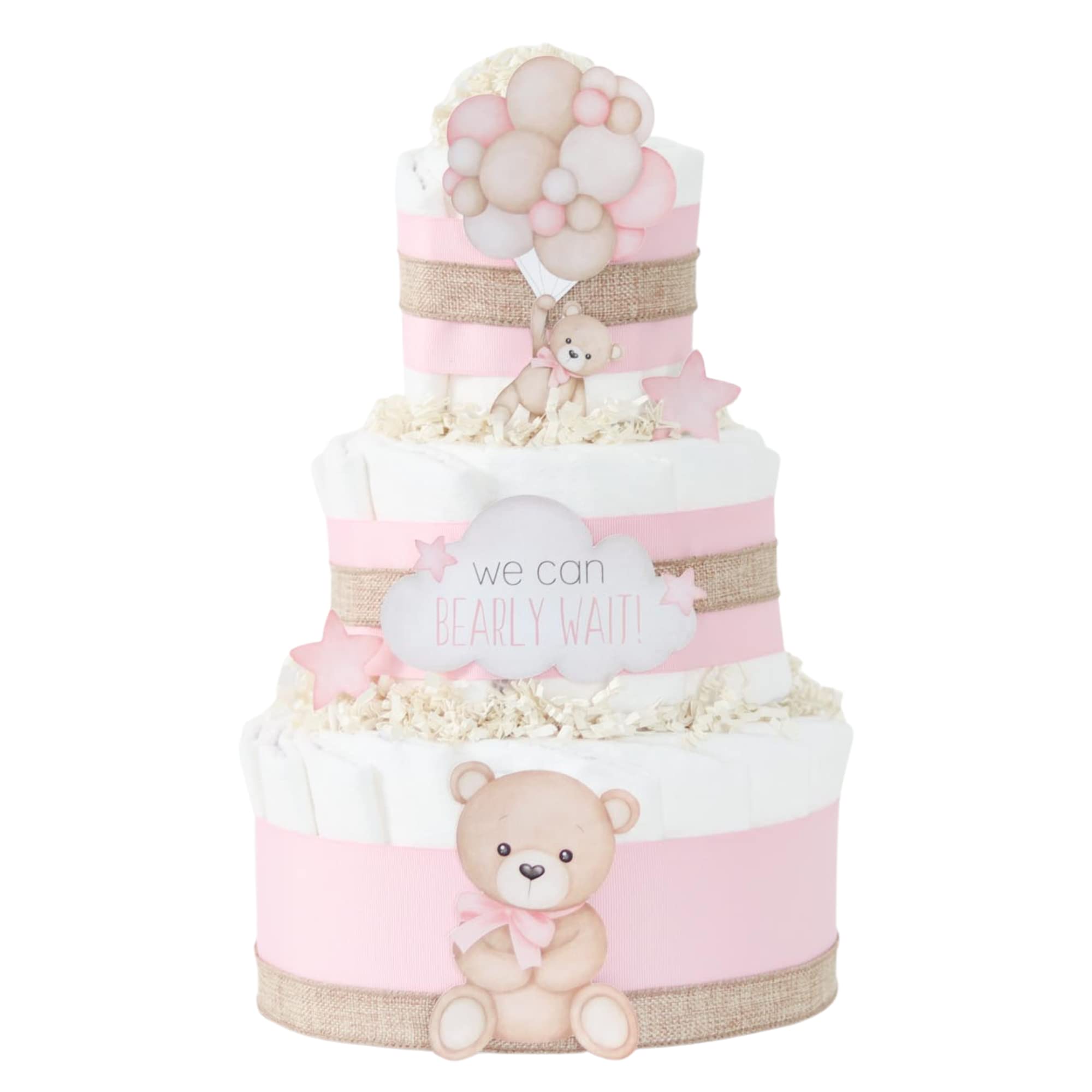 Adorable Teddy Bear Diaper Cake - Perfect Baby Shower Centerpiece & Gift for Newborn Girls (Pink Balloons) - Gender Reveal, Nursery Decor & 1st Birthday Party Decoration