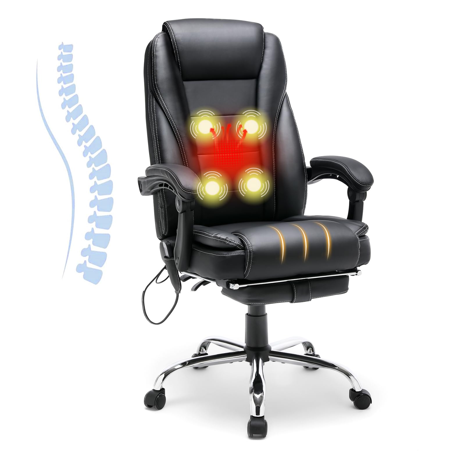 HOMREST 4-Point Massage Reclining Office Chair with Heating - Ergonomic Leather Executive Chair with Retractable Footrest - Adjustable Computer Desk Chair for Home Office, Study, Gaming & Relaxation (Black)