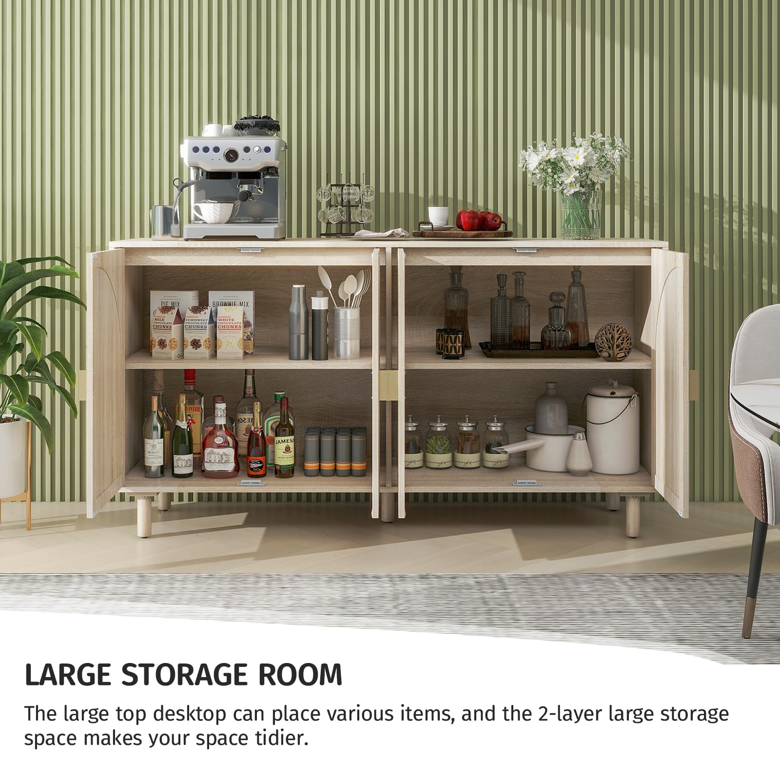 Modern Rattan Sideboard Buffet Cabinet with 4 Doors & 2 Adjustable Shelves - Boho Storage Cabinet for Living Room, Kitchen, Dining Room - Natural Woven Accent Console for Home Organization & Decor