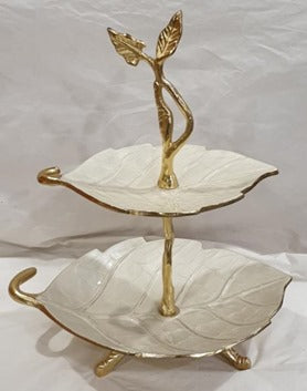 2 Tier Leaf Plate Set - Elegant Gold & Cream Serving Tray for Desserts, Appetizers, and Party Food Display - Perfect for Weddings, Tea Parties, and Home Decor
