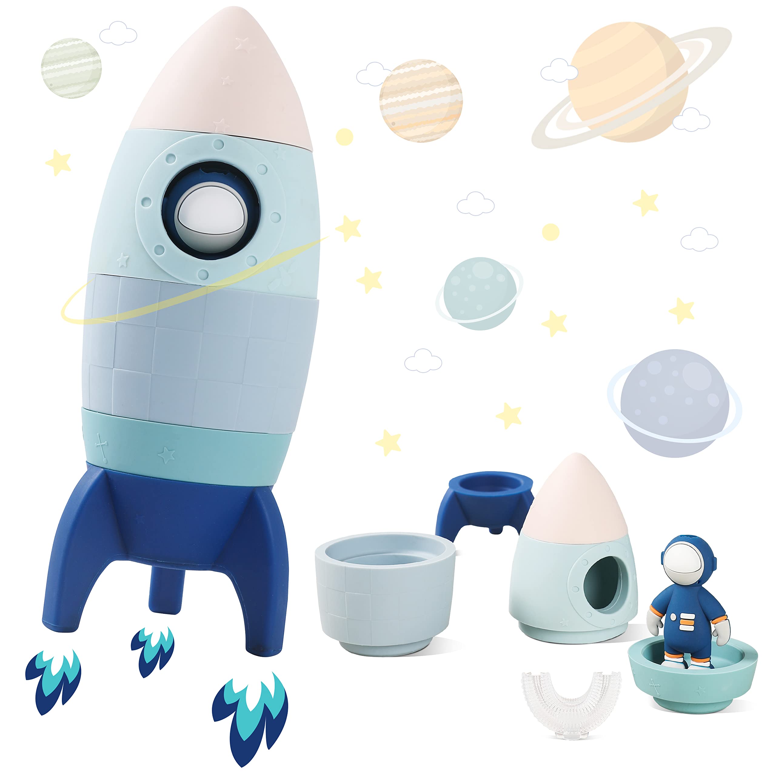 **Stackable Silicone Rocket Toy for Babies - Early Learning & Teething Space Rocket Stacking Tower - Educational Nesting Toy for Infants (Blue) - Perfect for Playtime & Sensory Development**