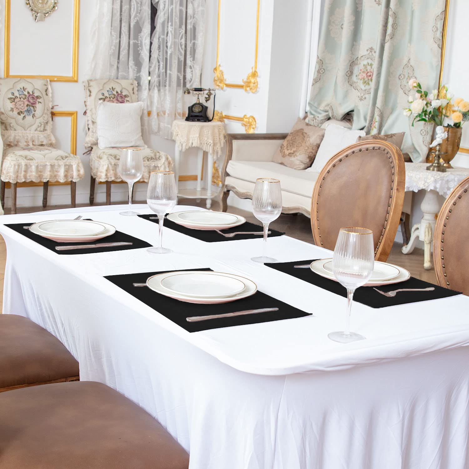 Premium Set of 8 Linen-Like Polyester Placemats - Machine Washable, Heat Resistant & Wrinkle-Free Thick Dining Table Mats for Kitchen & Formal Occasions (Black) - Perfect for Everyday Meals, Dinner Parties & Holiday Gatherings