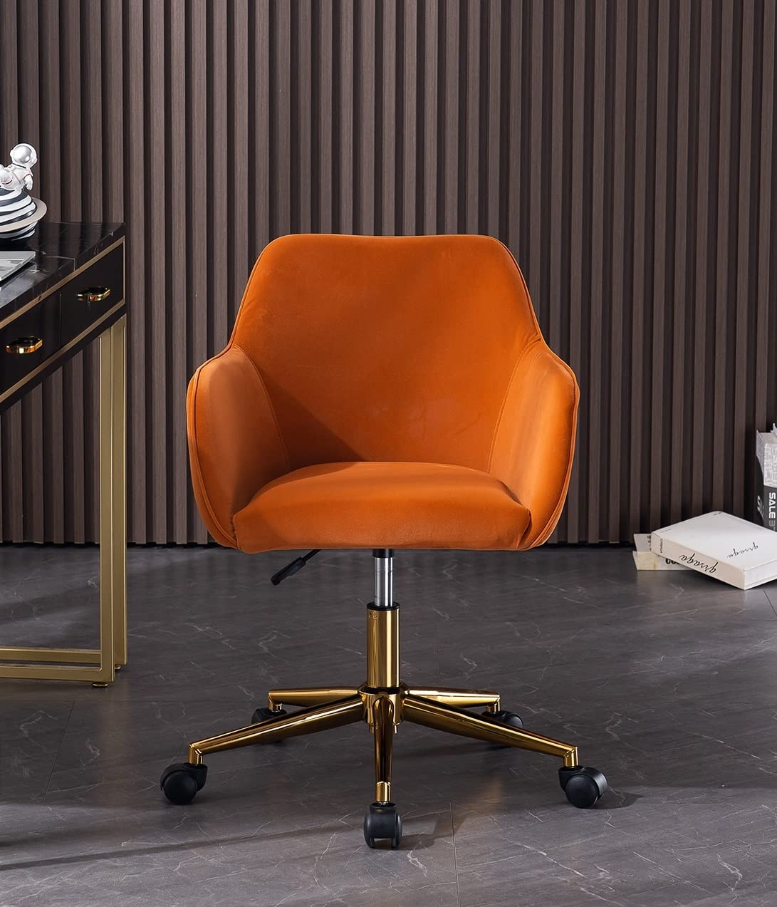 Velvet Office Chair 360° Swivel - Tufted Vanity Chair with Gold Base - Soft Task Chair for Home Office, Kids & Students - Perfect for Living Room, Bedroom & Study (Style10-Orange) - Ergonomic Comfort for Work & Relaxation