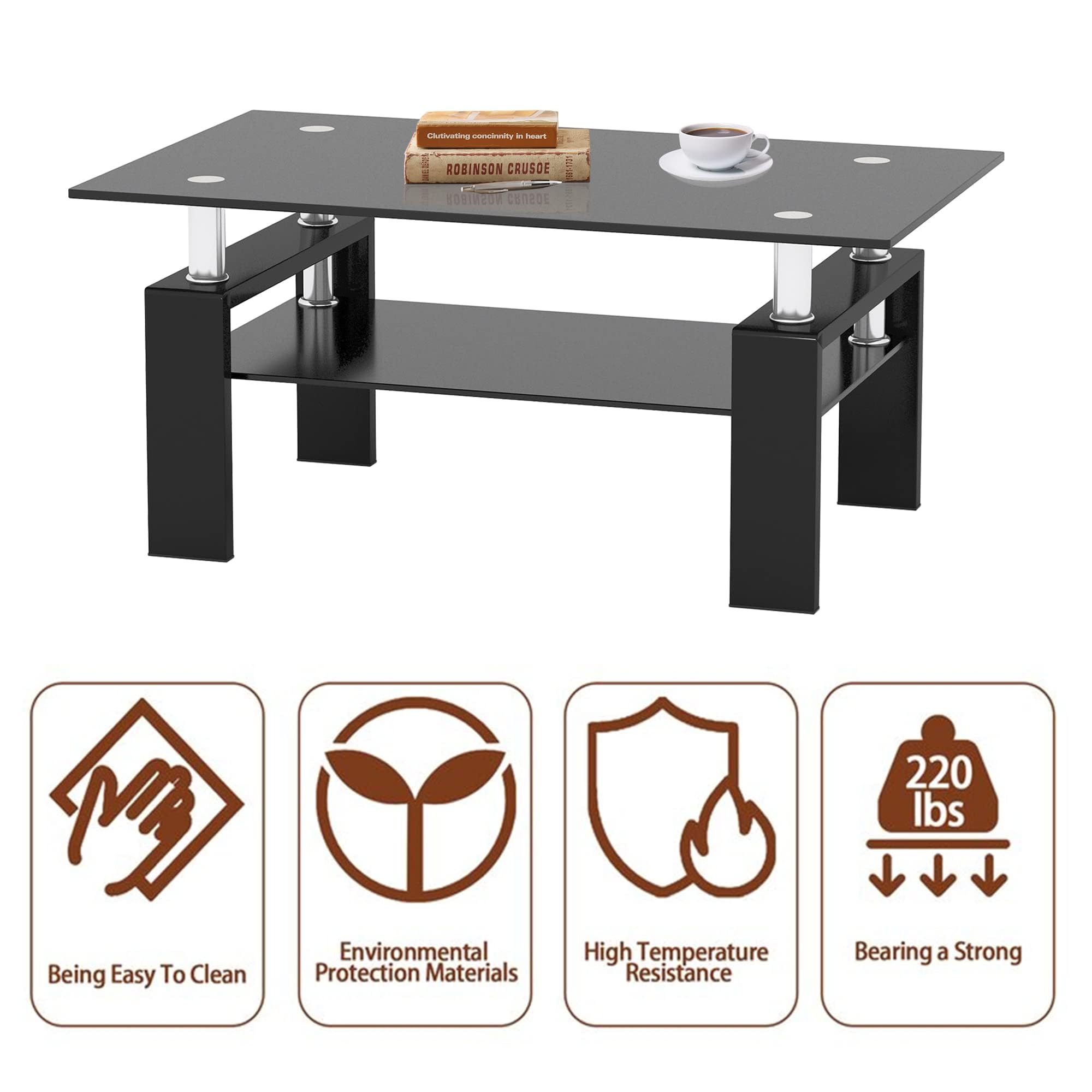 IANIYA Modern Rectangle Tempered Glass Coffee Table with Sturdy Metal Legs - All Black End Table for Living Room, Lounge & Office - Perfect for Home Decor, Entertaining & Small Space Furniture