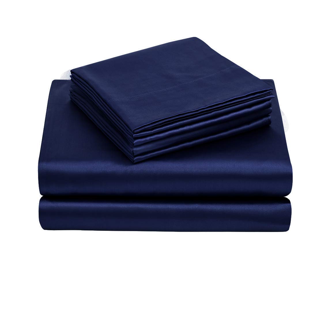 TREELY 4-Piece Satin Sheet Set Twin Size - Navy Blue Silky Smooth Bed Sheets with Deep Pocket, Fitted Sheet, Flat Sheet & 2 Pillowcases for Luxurious Sleep & Bedroom Decor