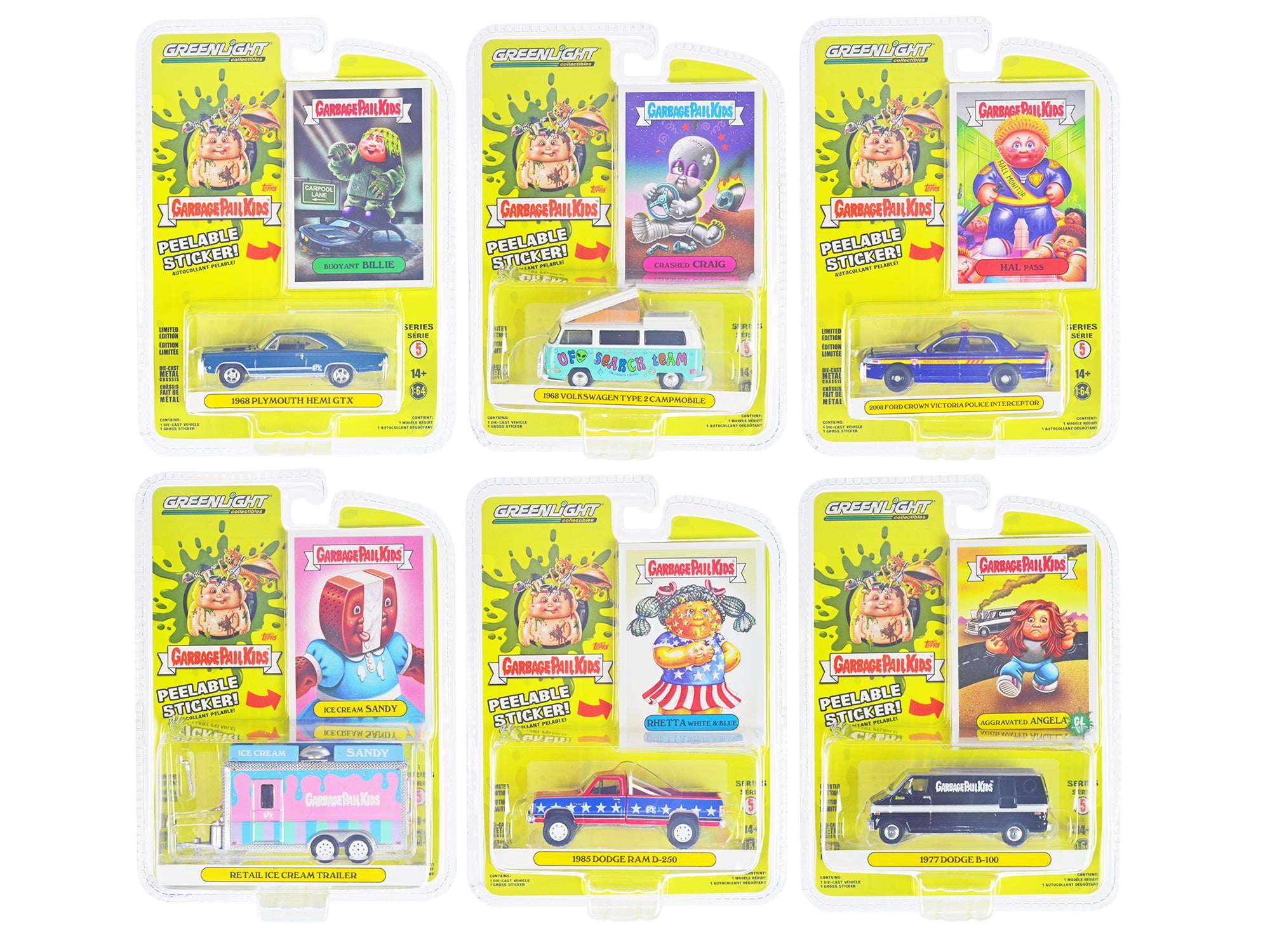 Greenlight Garbage Pail Kids Series 5 Diecast Car Models - Set of 6 Collectible 1/64 Scale Vehicles for Display & Pop Culture Enthusiasts