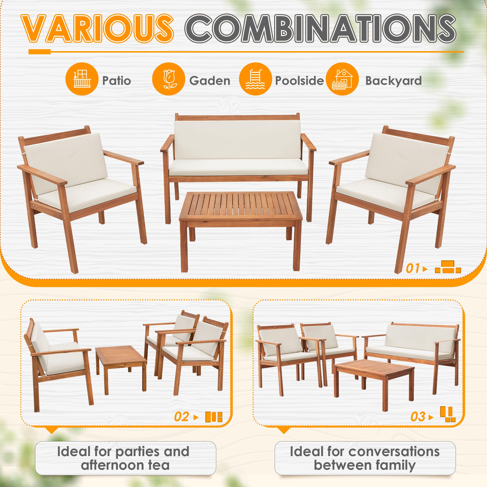 Greesum 4-Piece Acacia Wood Outdoor Bistro Set with Waterproof Cushions - Patio Furniture, Coffee Table & Chairs for Backyard, Garden, Beach & Poolside Relaxation