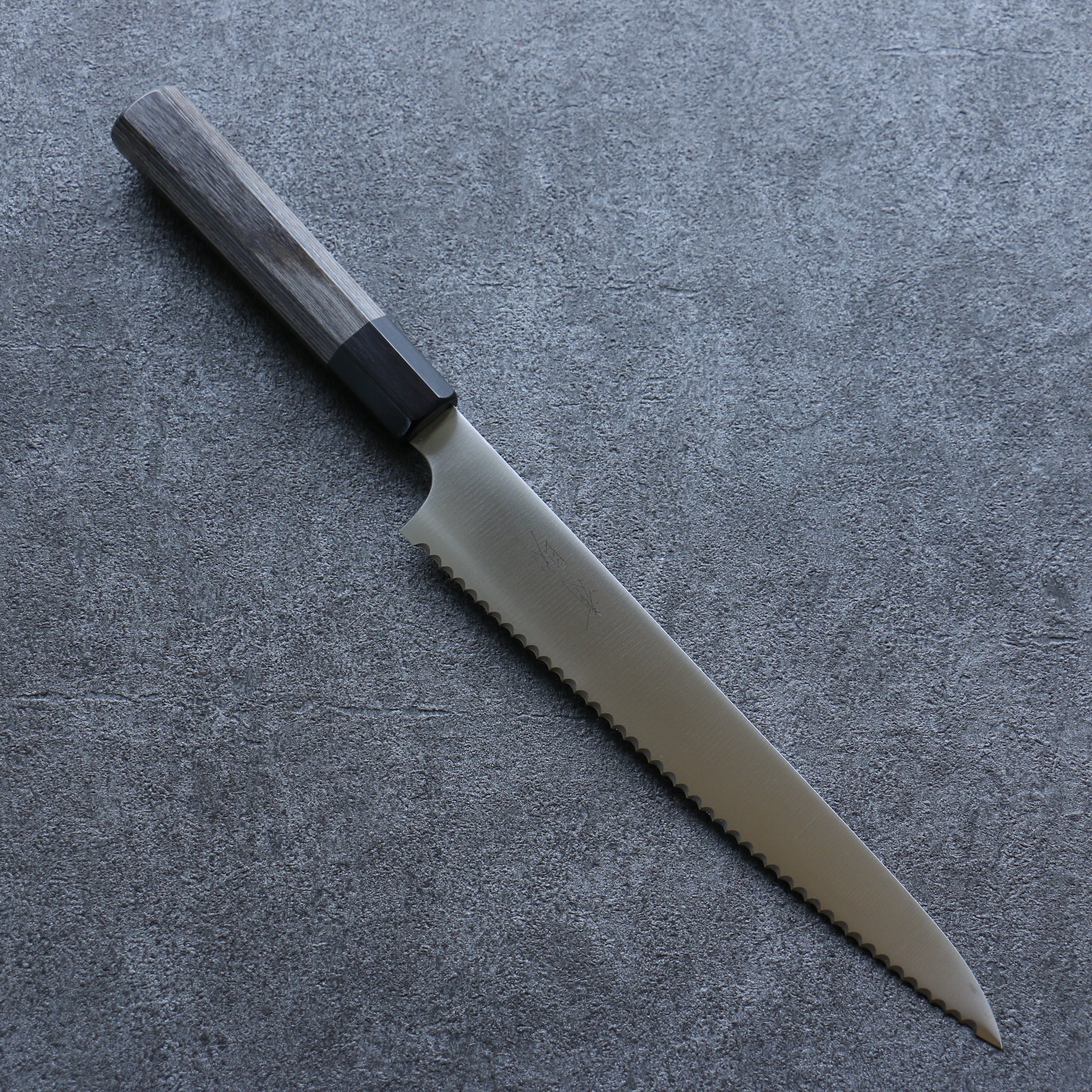 Seisuke 240mm Stainless Steel Bread Knife with Gray Pakka Wood Handle - Perfect for Slicing Bread, Cake, and Pastries at Home or Bakery