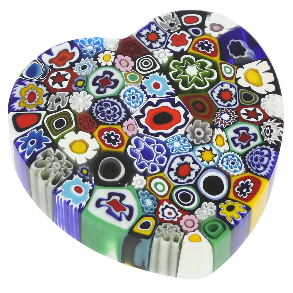 Venetian Murano Glass Millefiori Heart Paperweight - Large Handcrafted Italian Art Glass for Home Office Desk Decor | Perfect Gift for Valentine's Day, Anniversary & Wedding