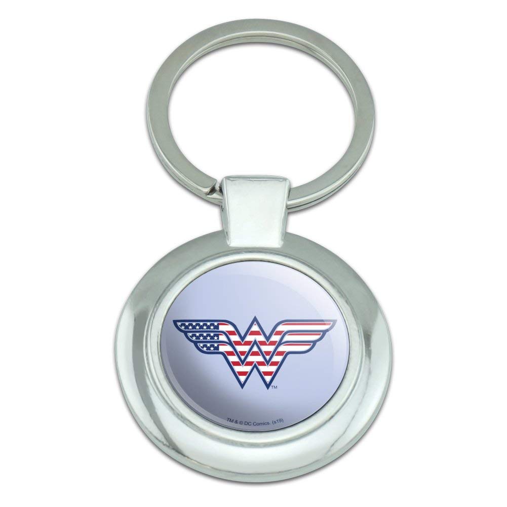 Wonder Woman USA American Flag Logo Keychain - Chrome Plated Metal Round Key Ring - Perfect for Gifts, Keychains Collection & Superhero Fans