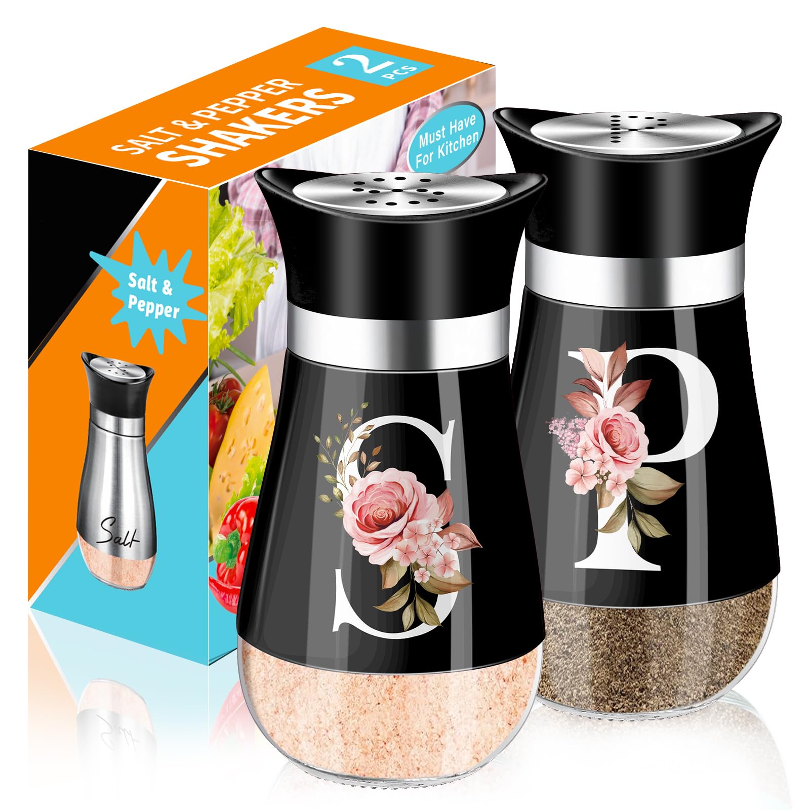 Premium Stainless Steel & Glass Salt and Pepper Shakers Set - 4 oz Refillable Spice Dispenser - Classic Farmhouse Kitchen Decor for Dining Table, Restaurant, or Home Cooking (Black)