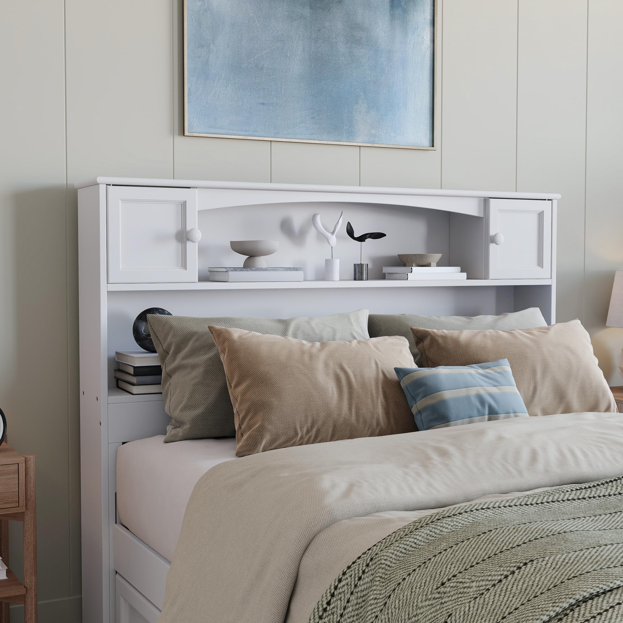 AFI Newport Full Size Bookcase Headboard with USB Charging Ports - White Wooden Bed Frame with Storage Shelves for Bedroom, Living Room, or Dorm Organization