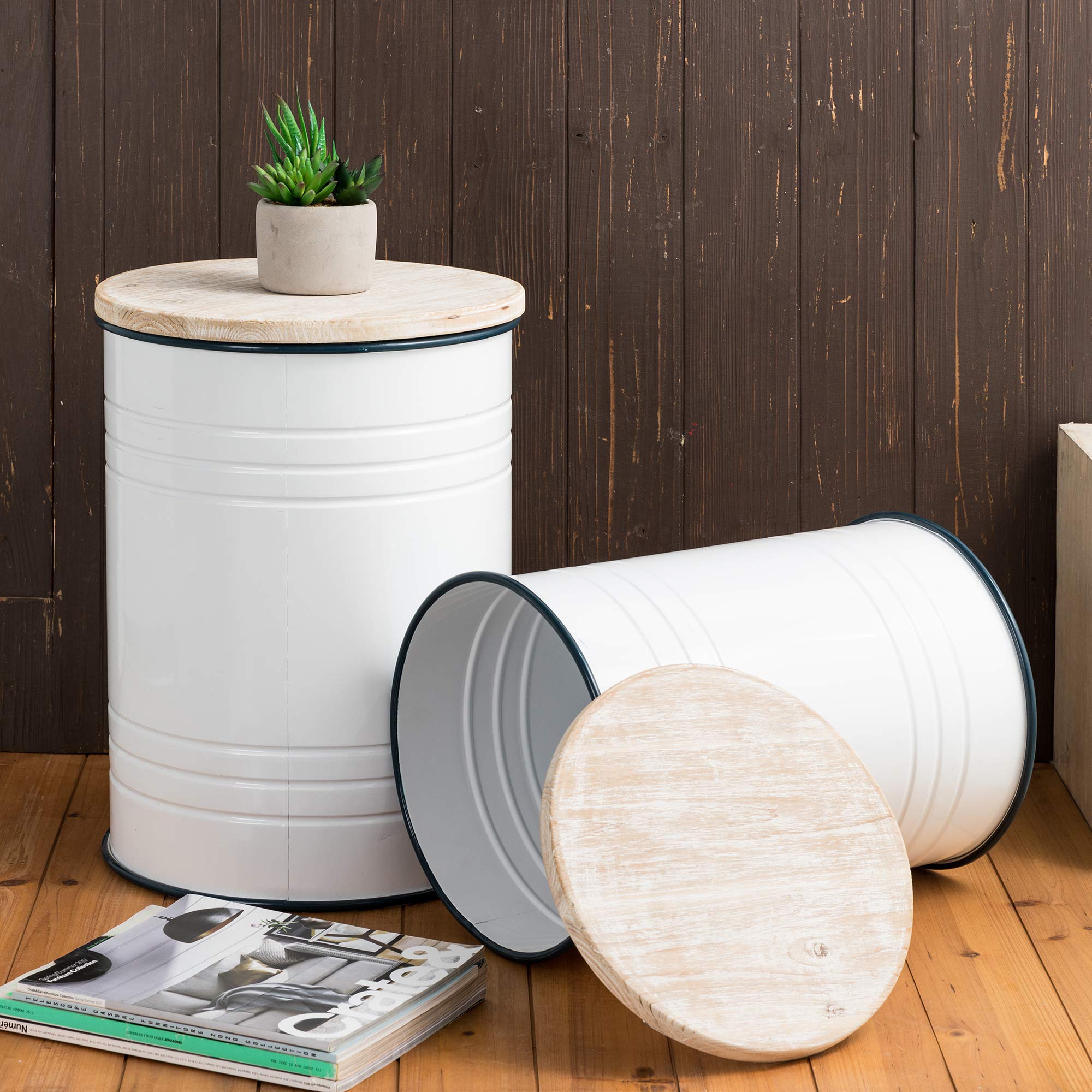 Glitzhome 4-Piece Galvanized Metal Side Table Set with Round Wood Lid - Rustic Farmhouse Barrel Toy Storage Bins, Ottoman Seat Stool with Large Storage Space - Perfect for Living Room, Bedroom, Nursery & Patio Decor (White)