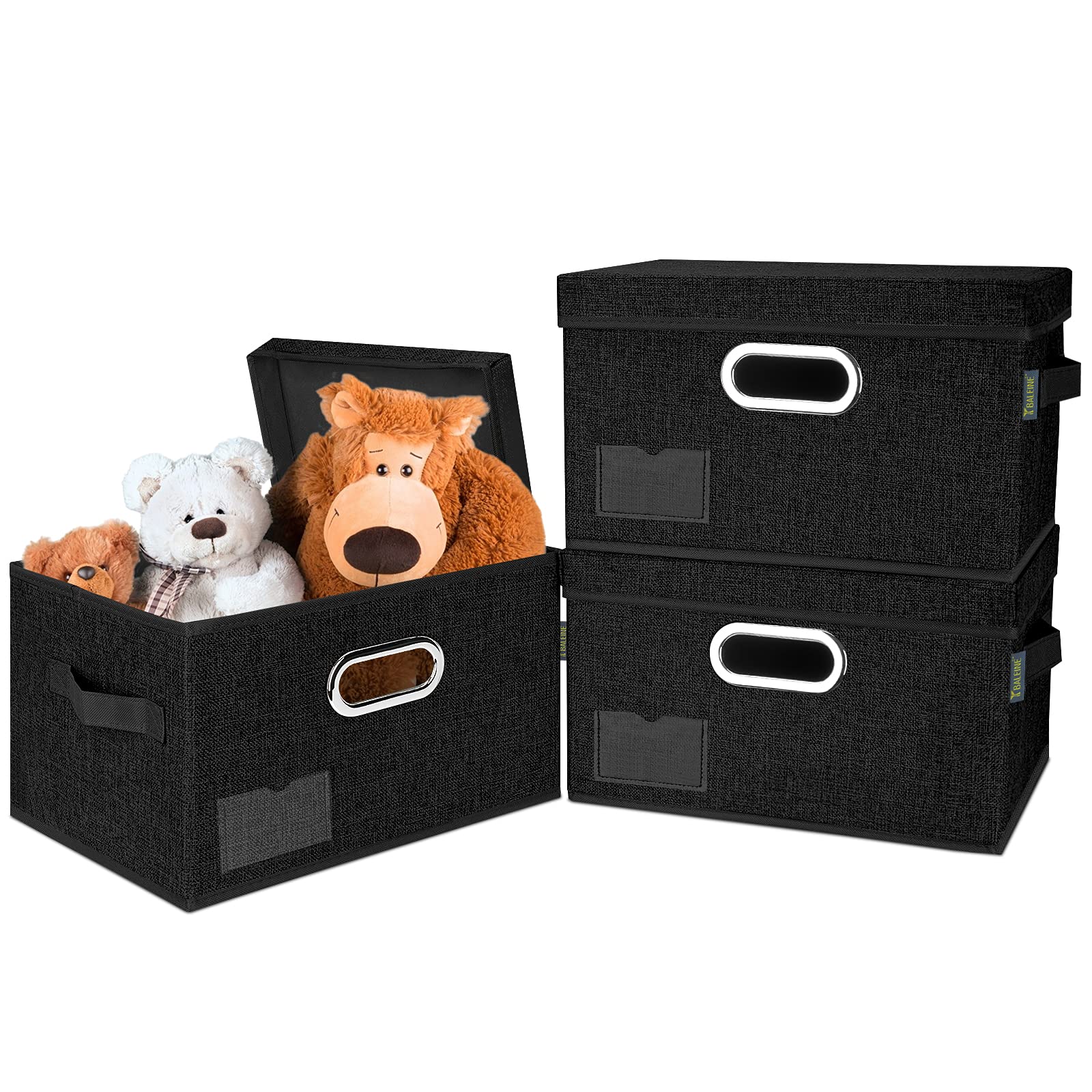 BALEINE Foldable Storage Bins with Lids - 3 Pack Jumbo Black Fabric Closet Organizers for Bedroom, Office & Home Organization | Space-Saving Collapsible Storage Boxes for Clothes, Toys & Seasonal Items