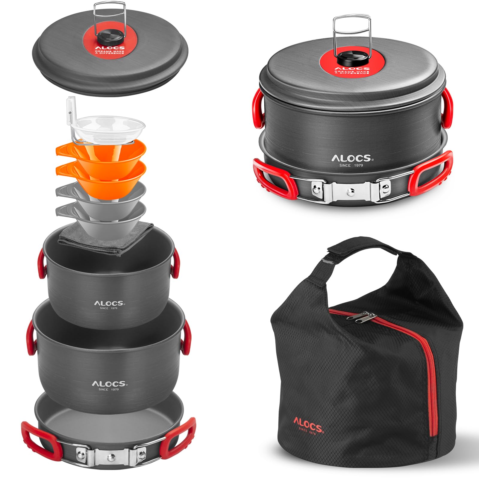 Alocs Camping Cookware Set - Lightweight & Portable Outdoor Cooking Kit with Accessories for Camping, Backpacking, Hiking, Picnic - Perfect for RV Trips, Beach BBQs and Family Outdoor Adventures