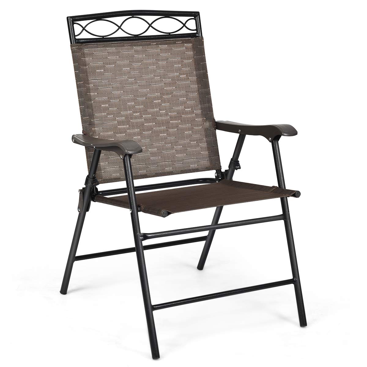 Giantex Set of 2 Folding Patio Chairs - Outdoor Sling Lawn Chairs with Armrest & Metal Frame for Beach, Backyard, Deck, Camping & Patio Dining - Durable & Portable Brown Foldable Chairs for Relaxation & Entertaining