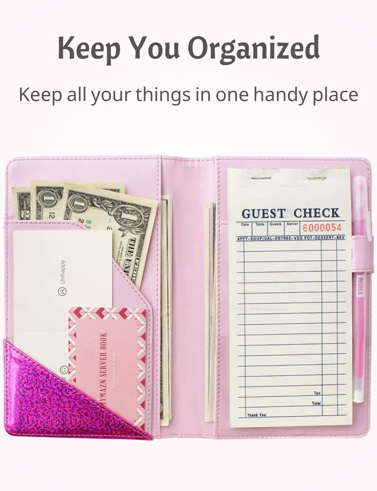Mymazn Holographic Glitter Waiter Book - Restaurant Guest Check Organizer for Waitstaff (Glitter Purple) - Perfect for Servers, Bartenders & Hospitality Professionals