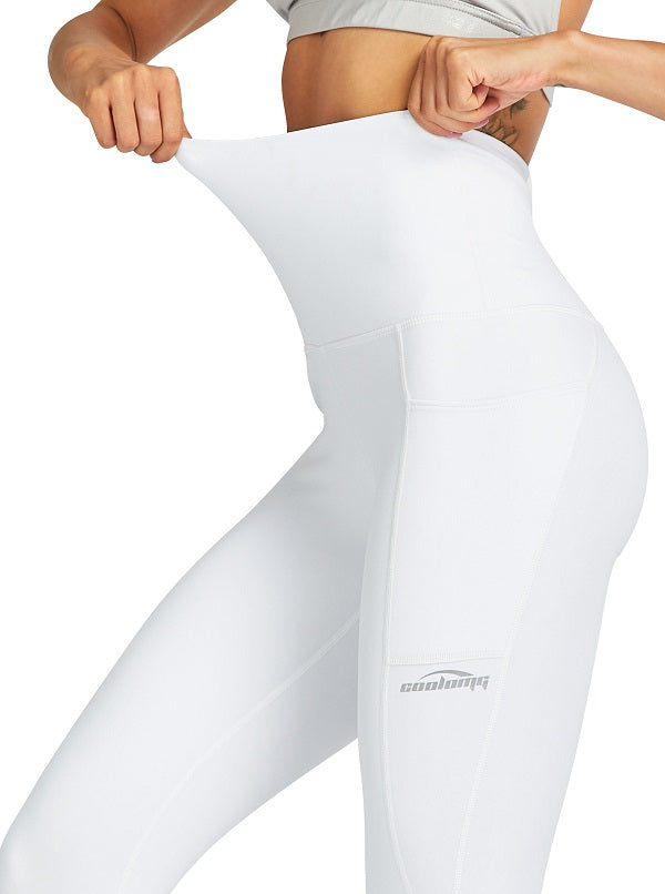 COOLOMG Women's High Waisted Yoga Leggings with Side Pockets - White - Perfect for Yoga, Gym, Running & Lounge Wear