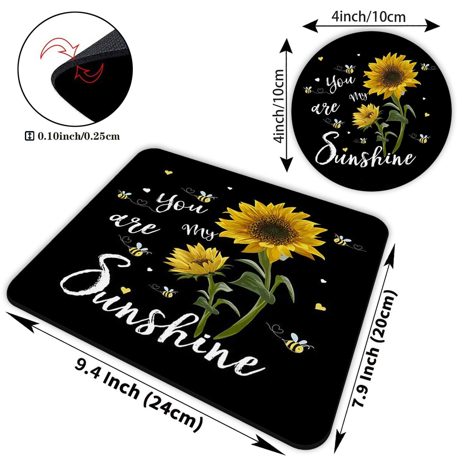 Sunflower 'You Are My Sunshine' Gaming Mouse Pad & Coasters Set - Non-Slip Rubber Rectangle Mouse Mat for Work, Office & PC Gaming - Perfect for Computer Desks, Home Office Setup & Gift Giving