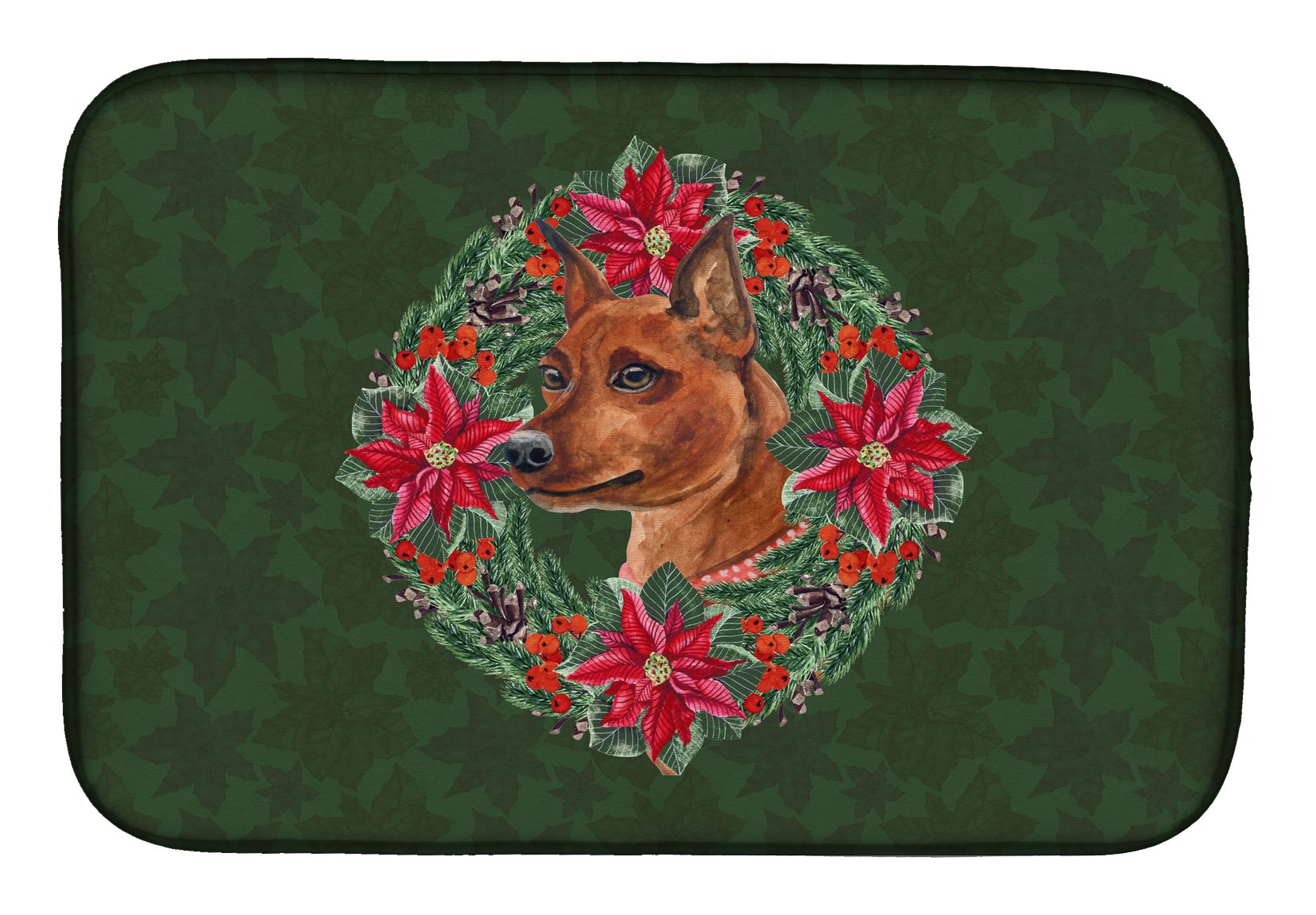 Miniature Pinscher Poinsettia Wreath Dish Drying Mat - Absorbent Kitchen Counter Mat for Dishes | 14 x 21 Inch Multicolor Non-Slip Pad | Perfect for Holiday Decor & Countertop Protection