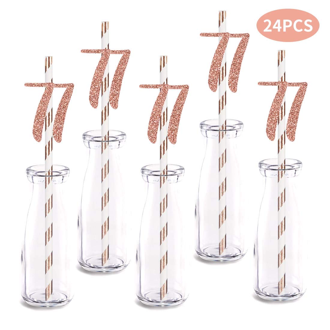 Rose Gold Glitter 77th Birthday Party Straws - 24pcs Cut-Out Number 77 Drinking Decorations for Anniversary Celebrations, Milestone Birthdays & Special Occasions