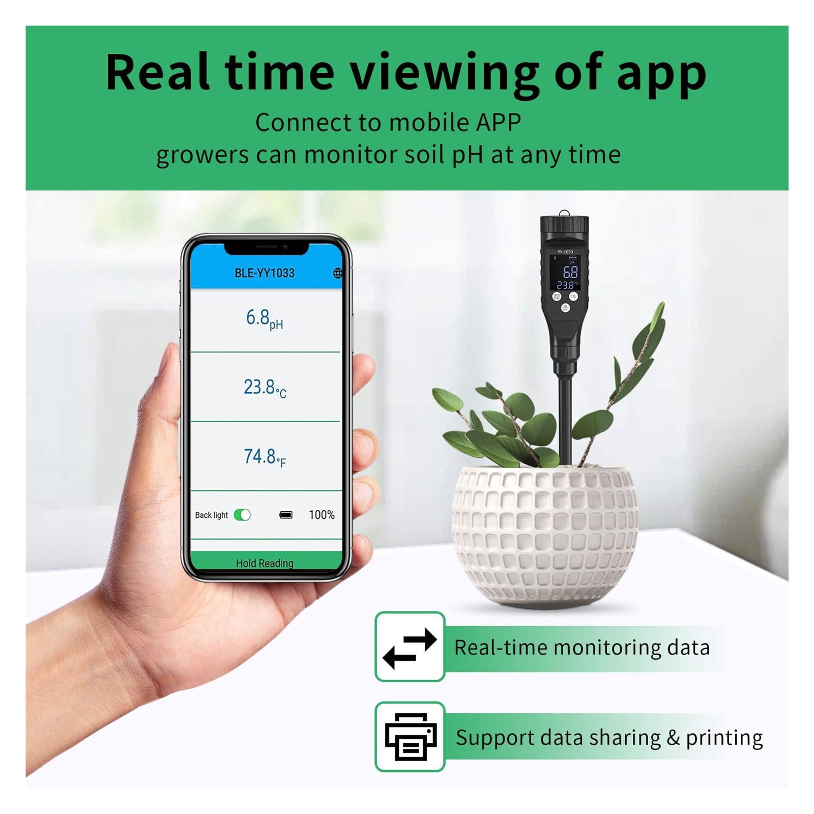Smart Soil pH Meter 0.0-14.0 pH Tester with Temperature Sensor - Digital Soil Acidity Analyzer for Hydroponics, Garden, Farm & Water Testing - Perfect for Indoor Plants, Lawn Care and Agriculture