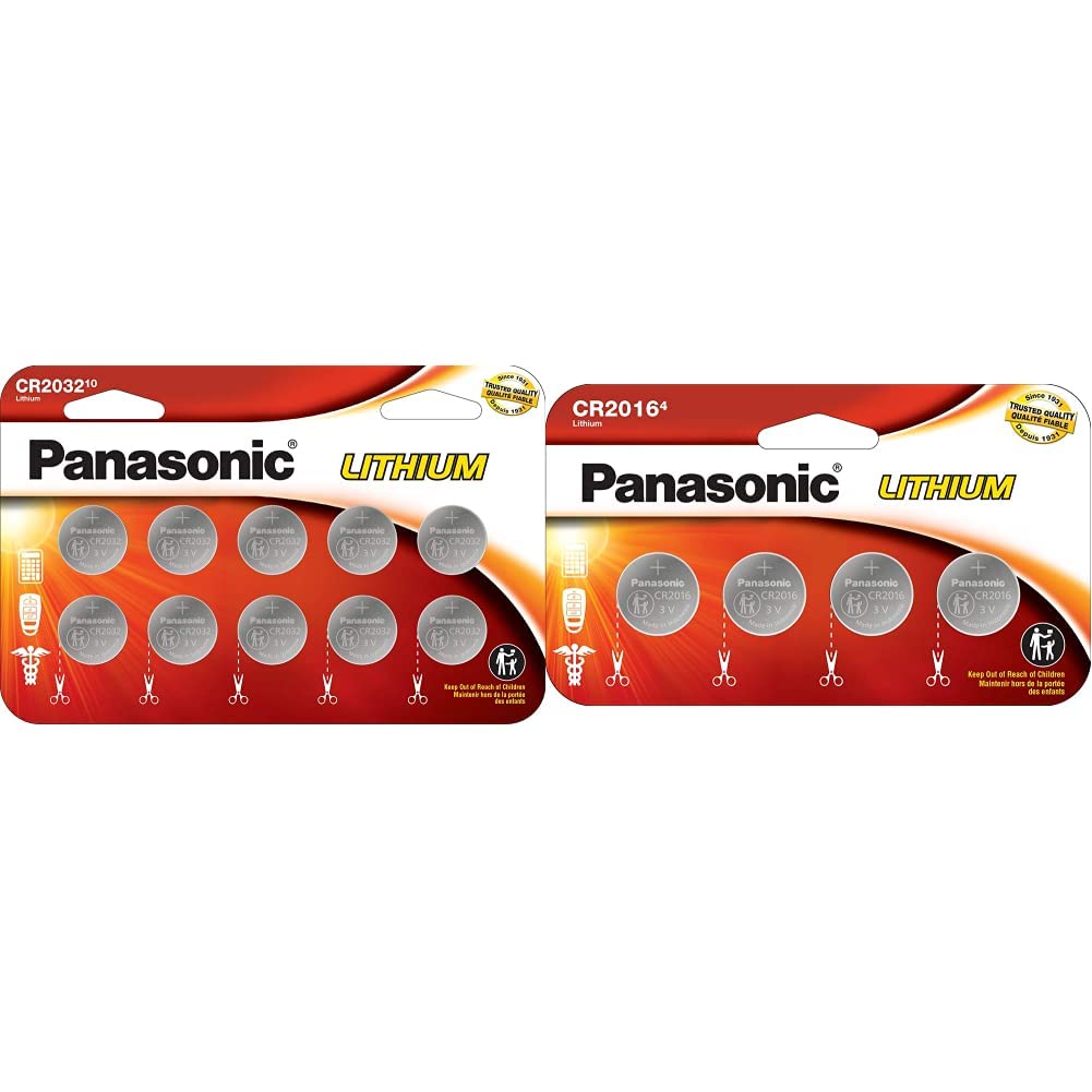 Panasonic CR2032 3V Lithium Coin Battery - 10 Pack & 4 Pack Child Resistant Packaging - Long Lasting Power for Watches, Key Fobs, Calculators, and Medical Devices